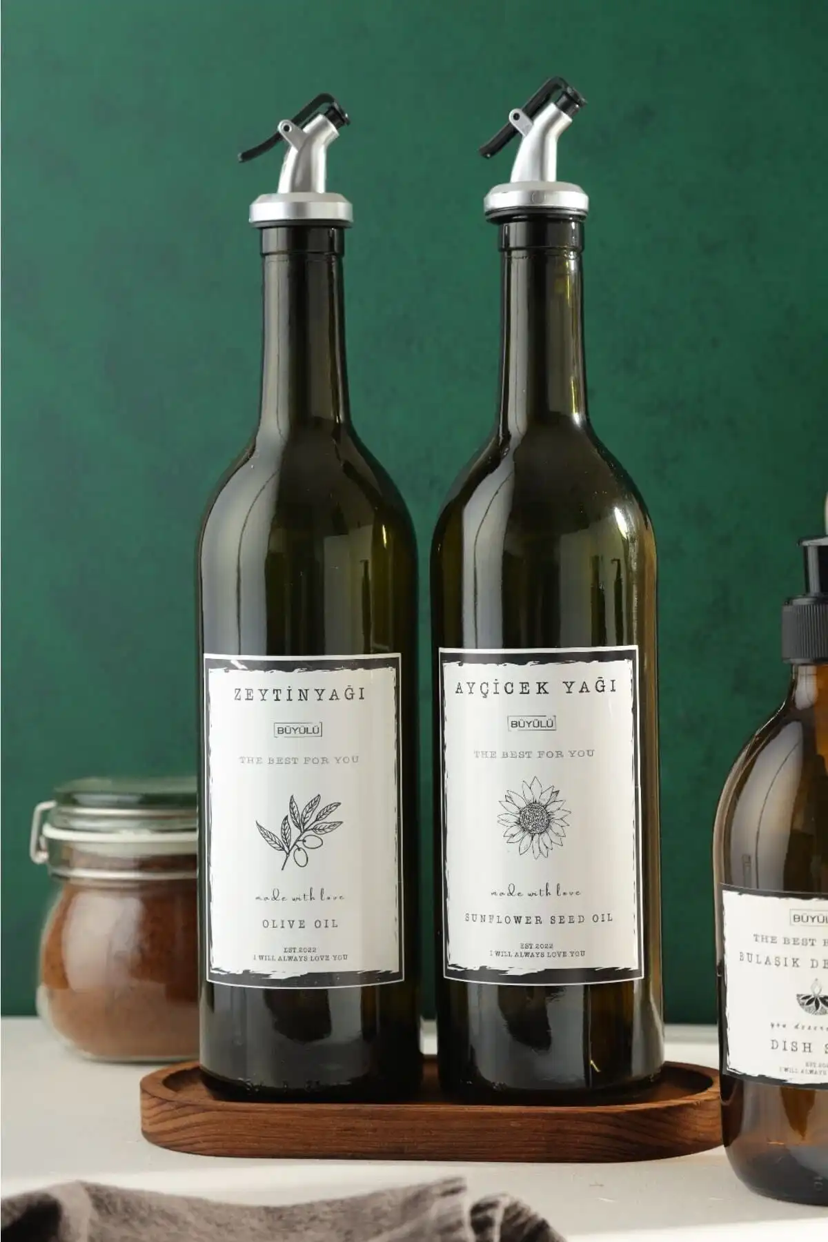 BÜYÜLÜ HOME Ahşap Stantlı Amber 2'li 750 ml Cam Yağdanlık Seti Mutfak Dekorasyonu