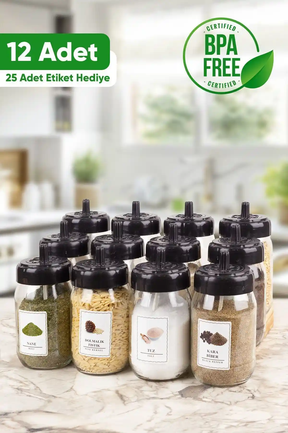 Çarşıdayız Kendinden Kaşıklı 12'li Cam Baharatlık Takımı ile Mutfak Şıklığını Artırın