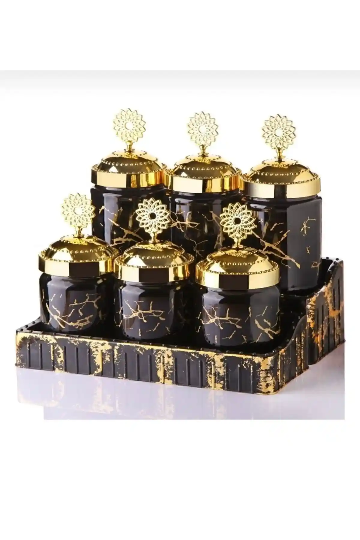 DİCLE GRUP 6'lı Beyaz Mermer Desen Gold Kapak Baharat Takımı Modern ve Şık Mutfak Dekoru İçin