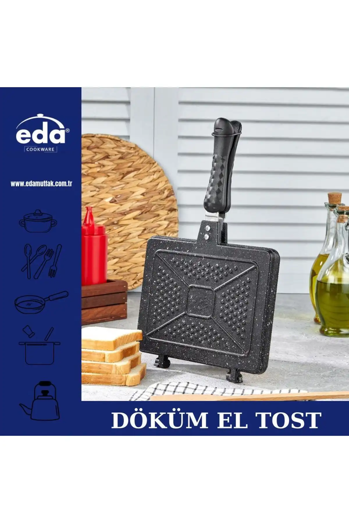 Eda Döküm Granit 24x17 Cm Ocak Üstü El Tost Makinesi ile Pratik ve Dayanıklı Pişirme Çözümü