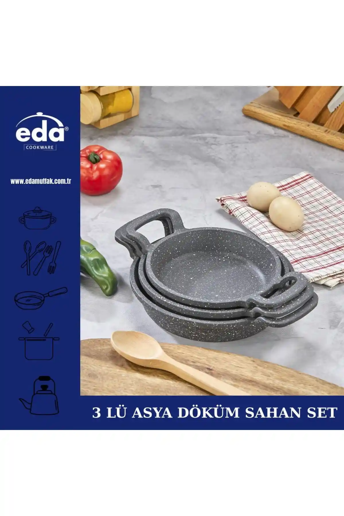 Eda Döküm Granit Lüks Sahan Seti 3'lü: Dayanıklı ve Estetik Mutfak Gereçleri