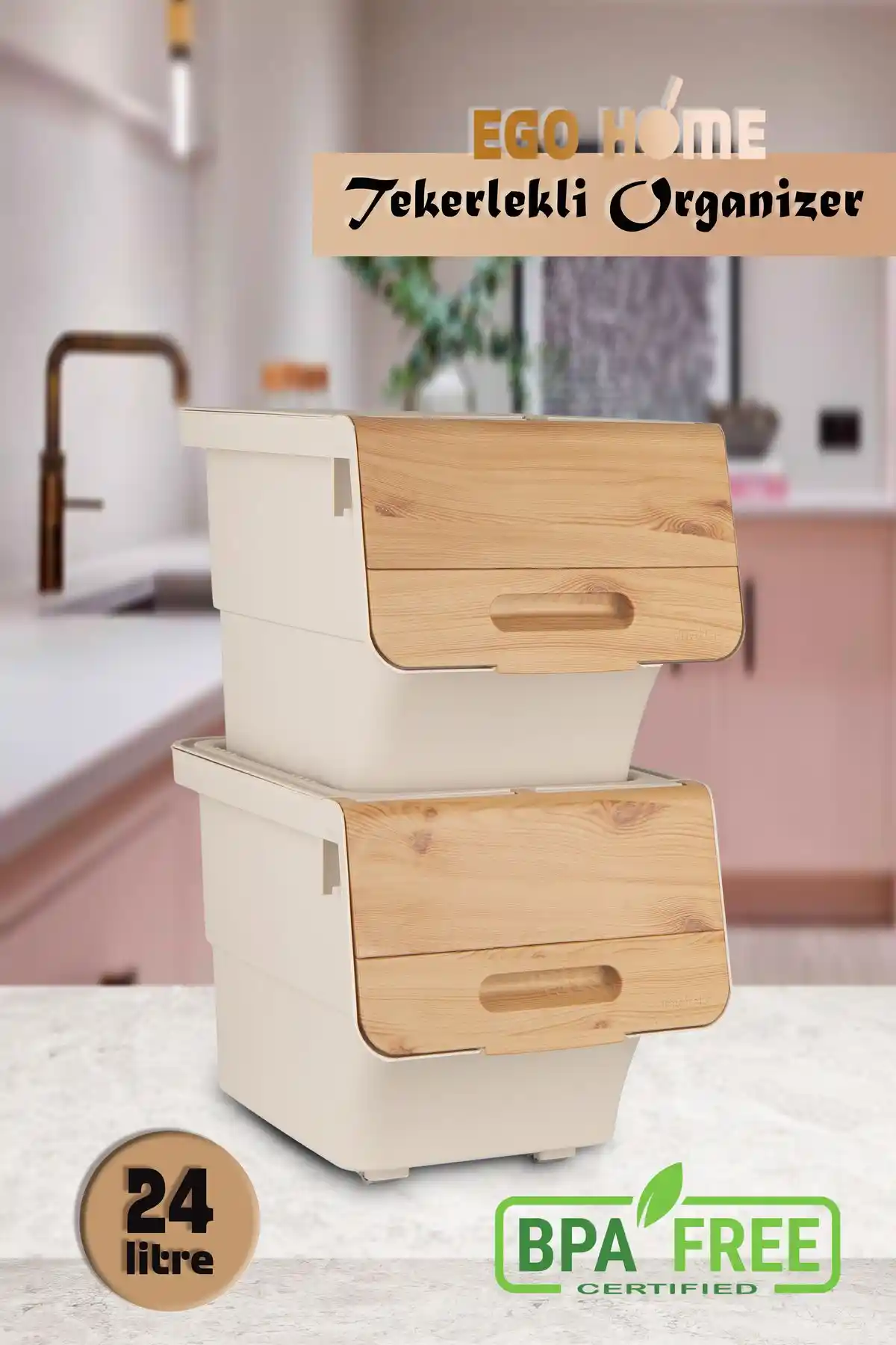 Ego Home 2 Bambu Renk Tekerlekli Patateslik ve Soğanlık ile Mutfakta Düzeni Sağlama