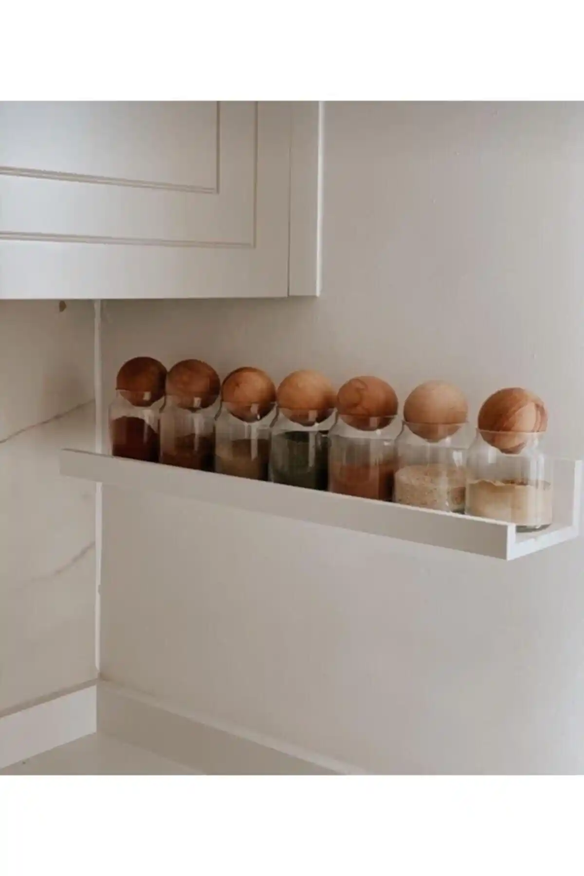 FBZhome 7'li Ahşap Top Kapaklı Cam Baharatlık ve Saklama Seti Şık Mutfak Dekorasyonu