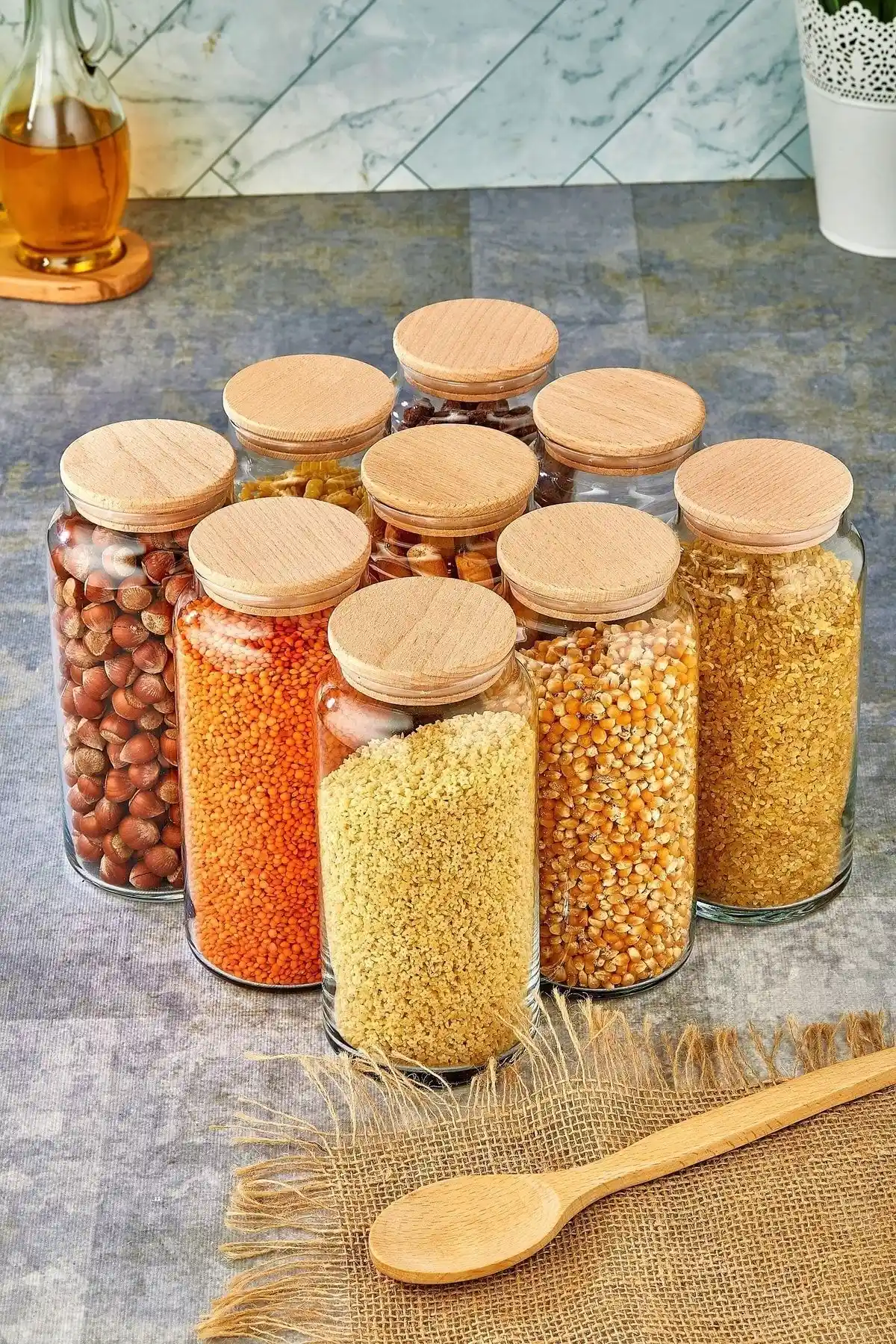 FBZhome Ahşap Kapaklı Vakumlu Cam Kavanoz Seti 1,3 Litre Gıda Saklama ve Dekoratif Kullanım