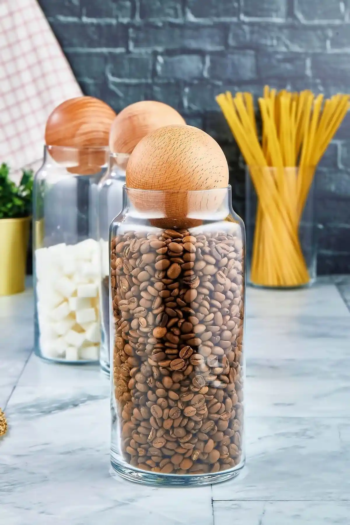 FBZhome Ahşap Top Kapaklı Cam Kavanoz 1300 ml şeffaf ve minimalist tasarım