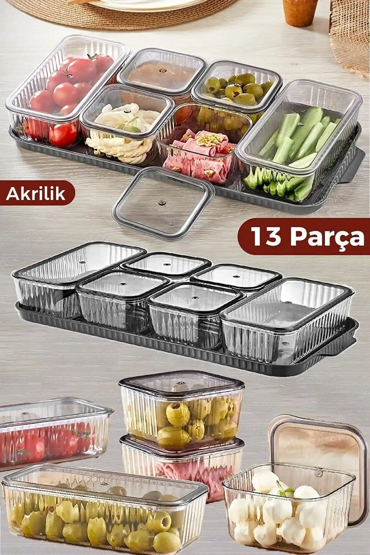 Genel Markalar 6 Bölmeli 13 Parça Füme Kahvaltı ve Saklama Seti Modern Mutfaklar İçin