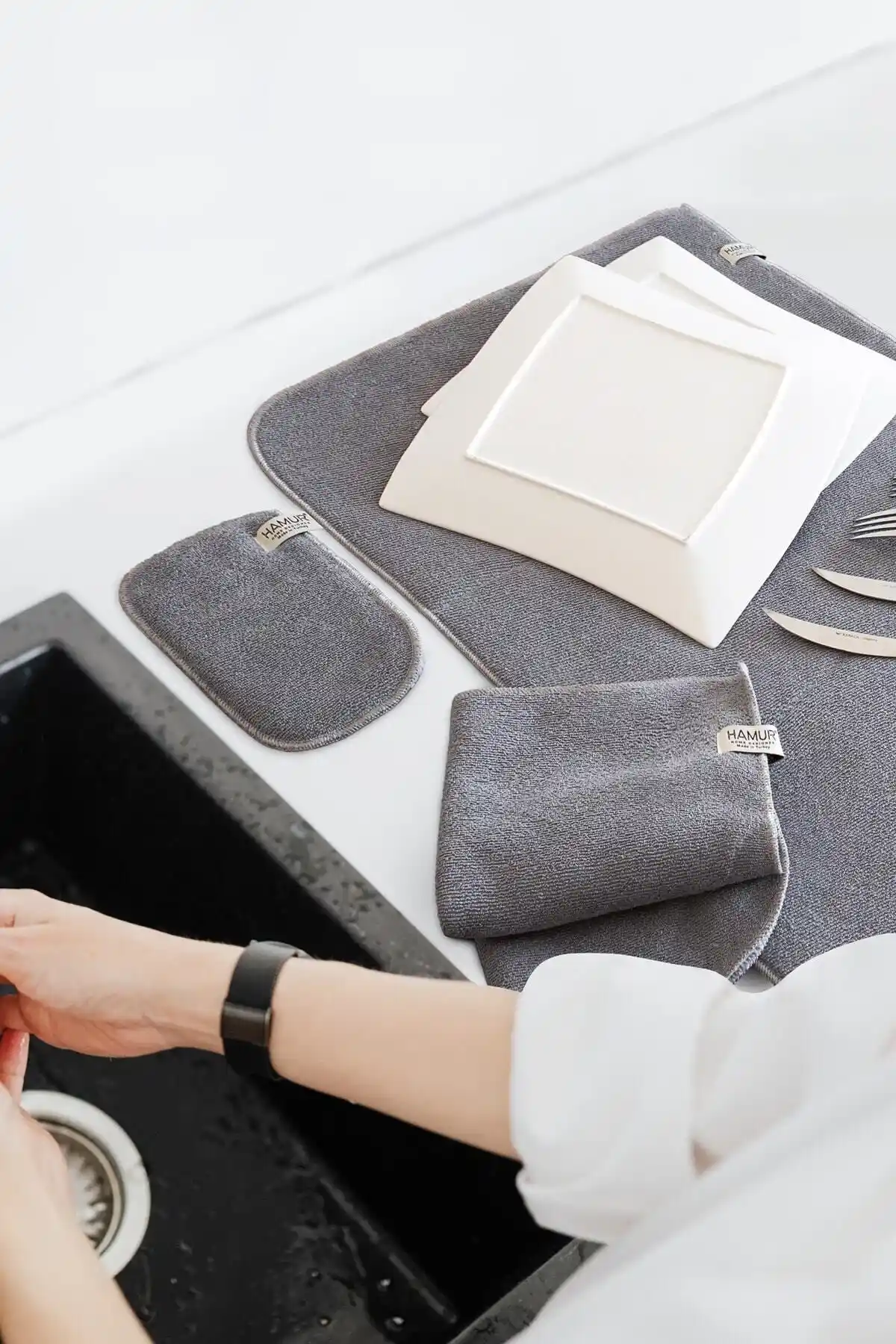 HAMUR Gri Microwell 3 Parçalı Mikrofiber Mutfak Temizlik ve Kurutma Seti