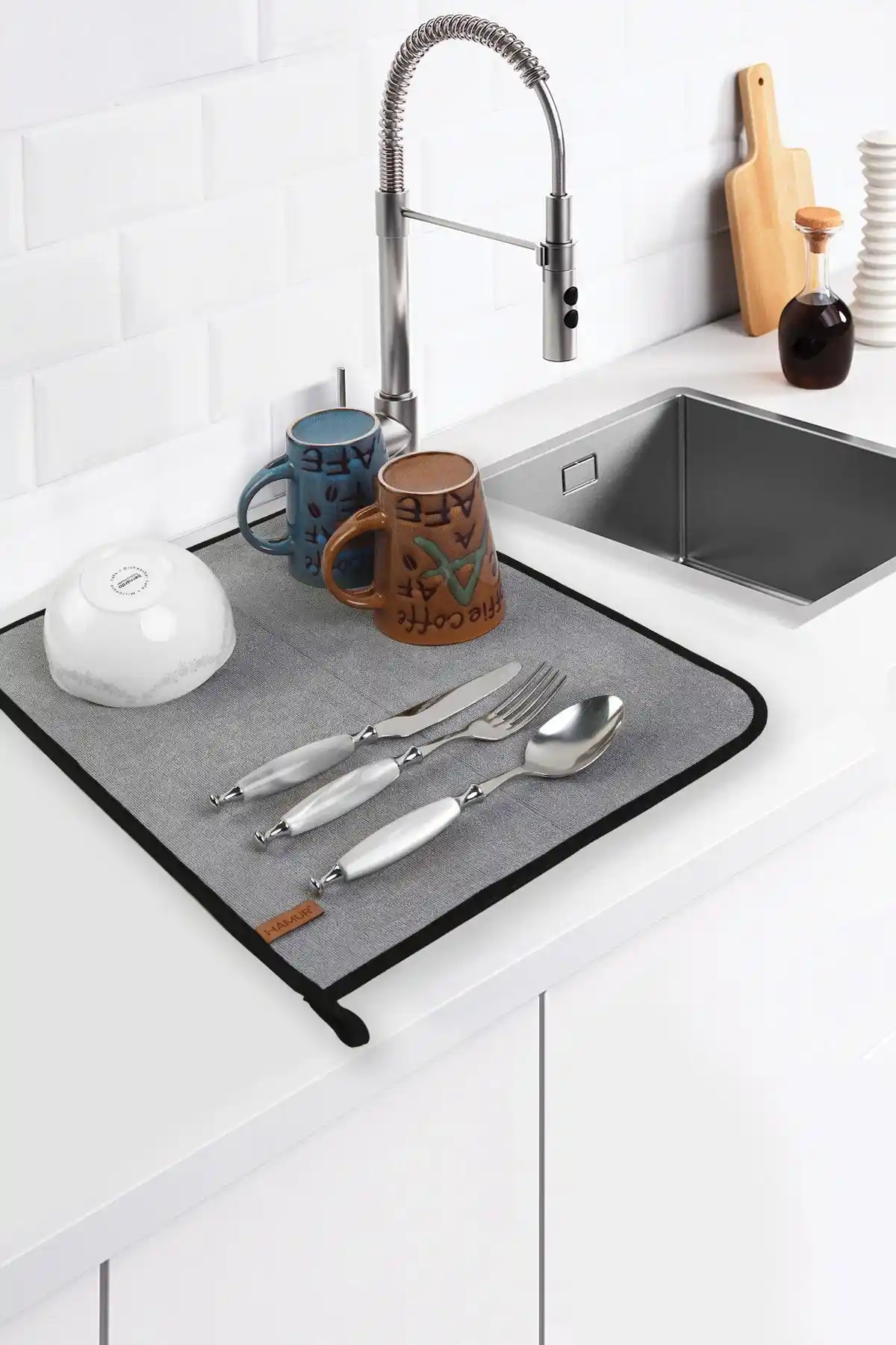 HAMUR Mikro Fiber Bulaşık Kurutma Matı Gri Renkli, Hızlı Kuruma ve Yüksek Emicilik Özelliğiyle