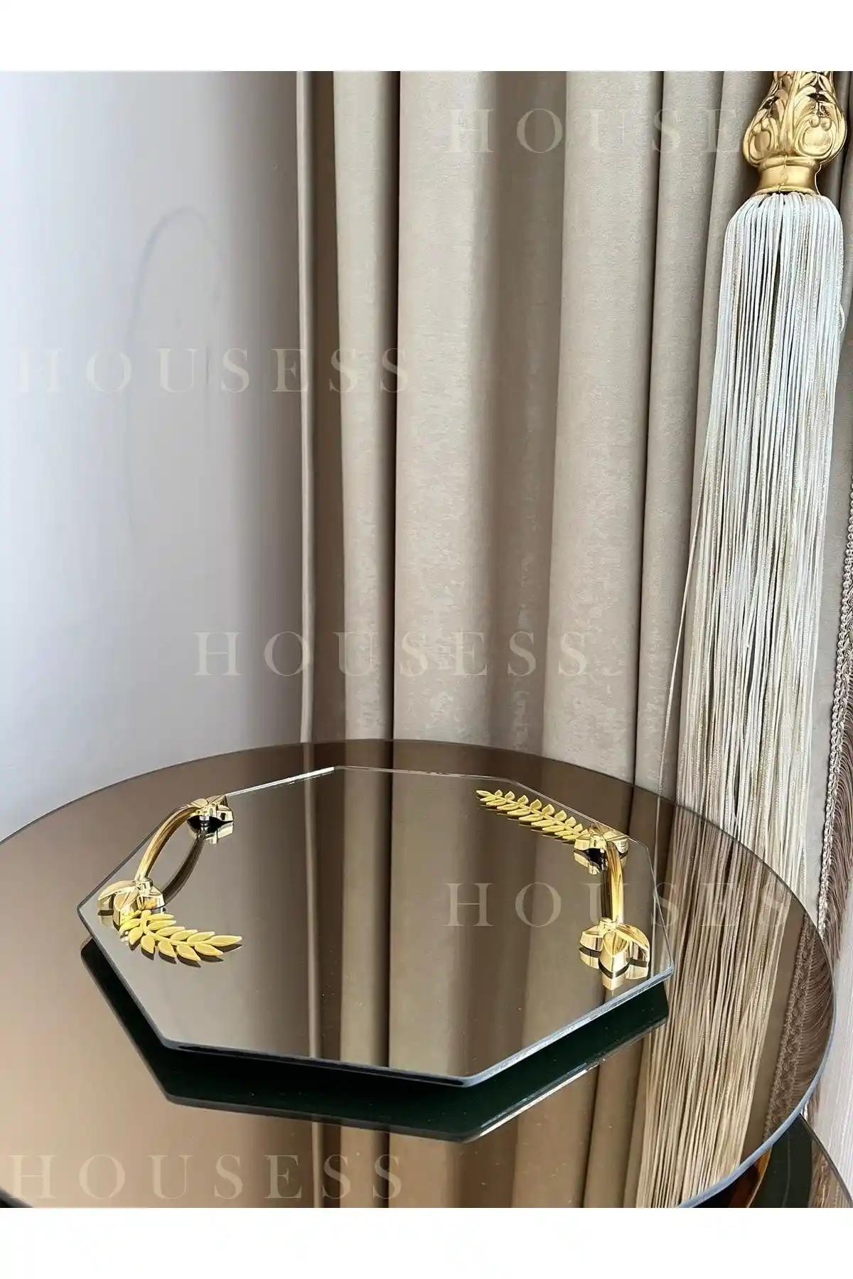 Housess Aynalı Yaprak Detaylı Dekoratif Tepsi Nişan ve Kına Gibi Özel Günler İçin