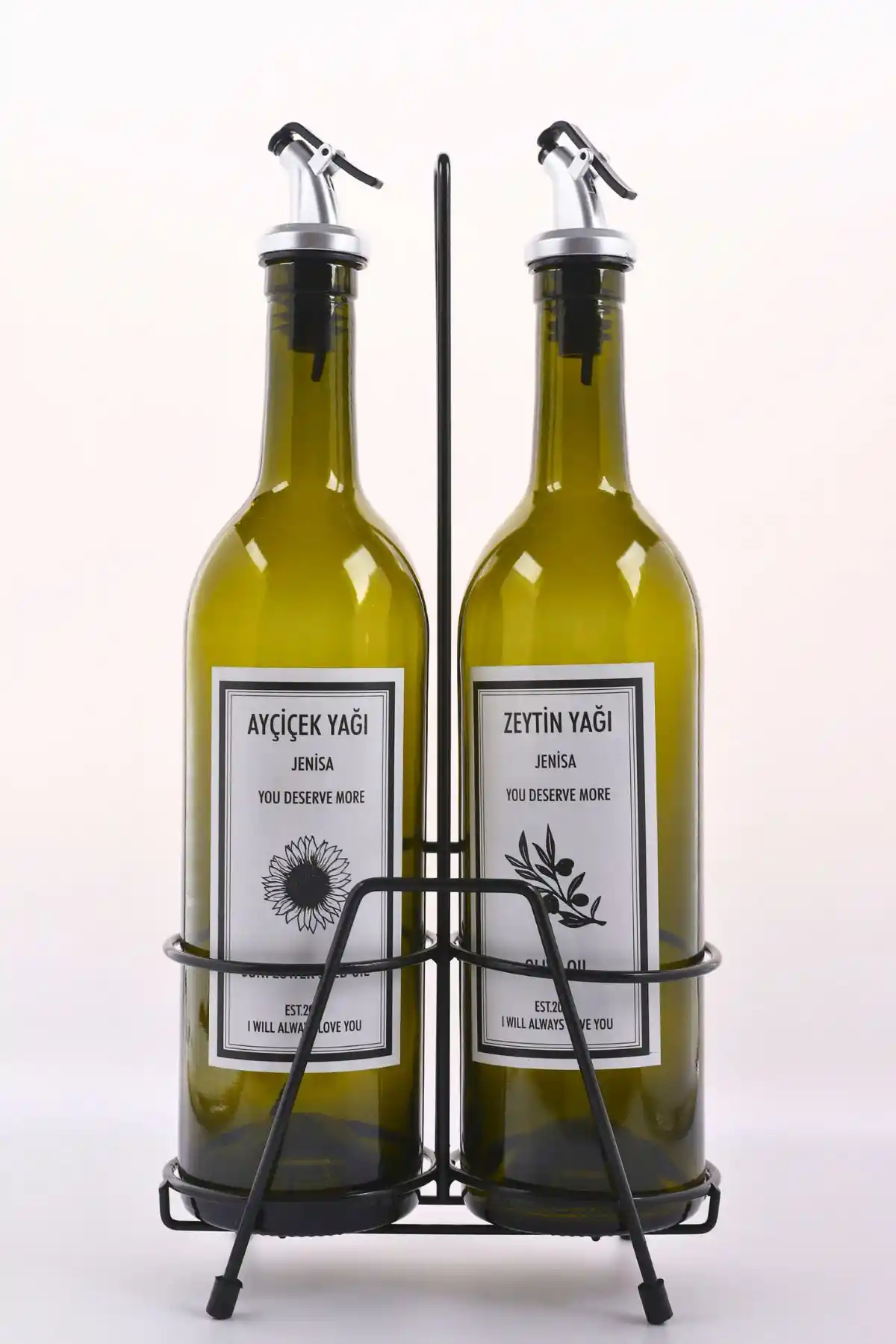 Jenisa 2'li Akıtmaz Amber 750 ml Yağlık ve Siyah Stand ile Mutfakta Şıklık ve İşlevsellik