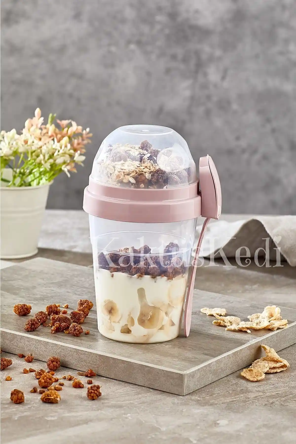 KaktüsKedi Kapaklı Kaşık ve Çatal ile Çok Bölmeli Taşınabilir Yemek Kabı