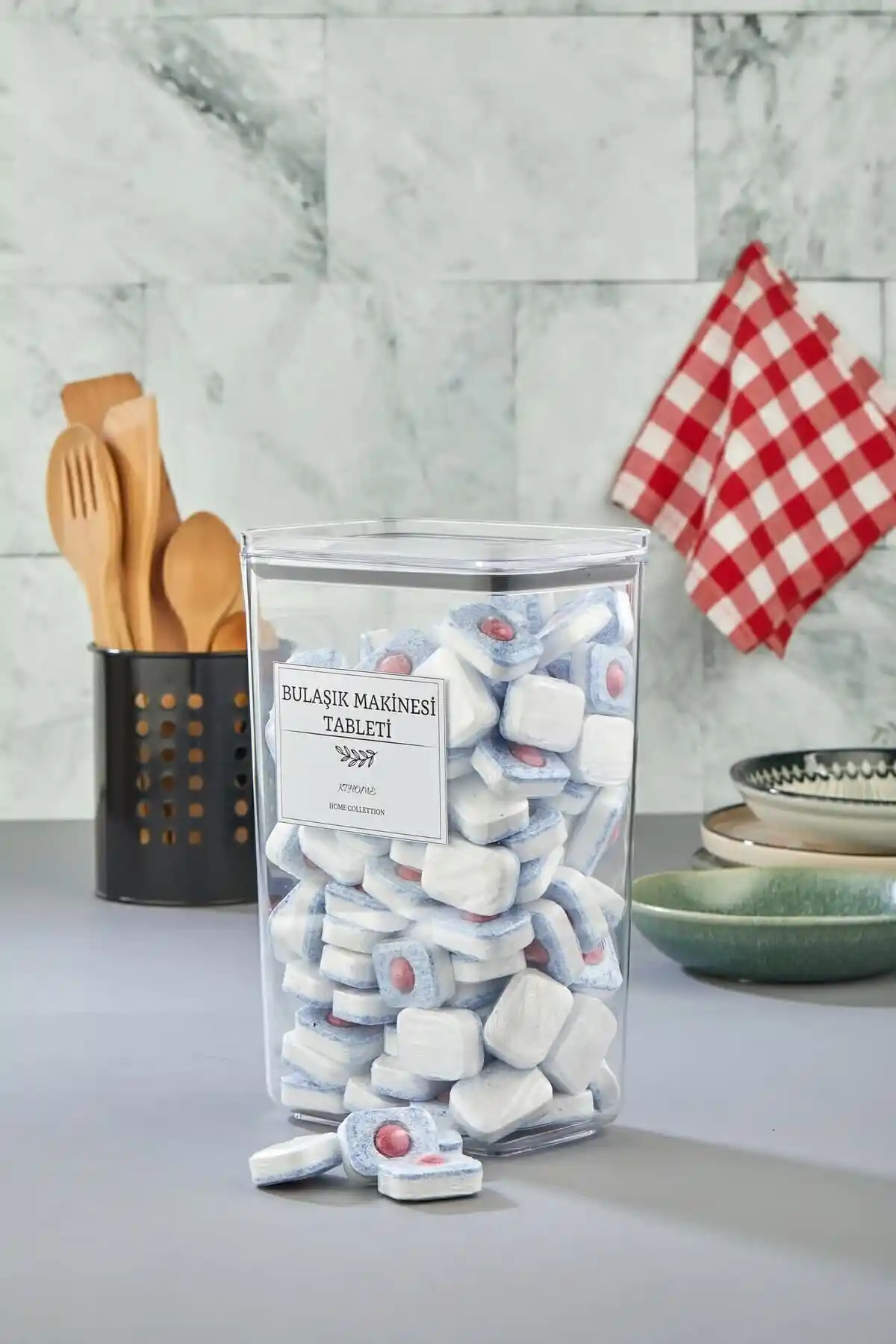 KATE HOME Dekoratif Mika Bulaşık Makinası Tablet Saklama Kabı Yüksek Kapasiteli ve Şık Tasarım