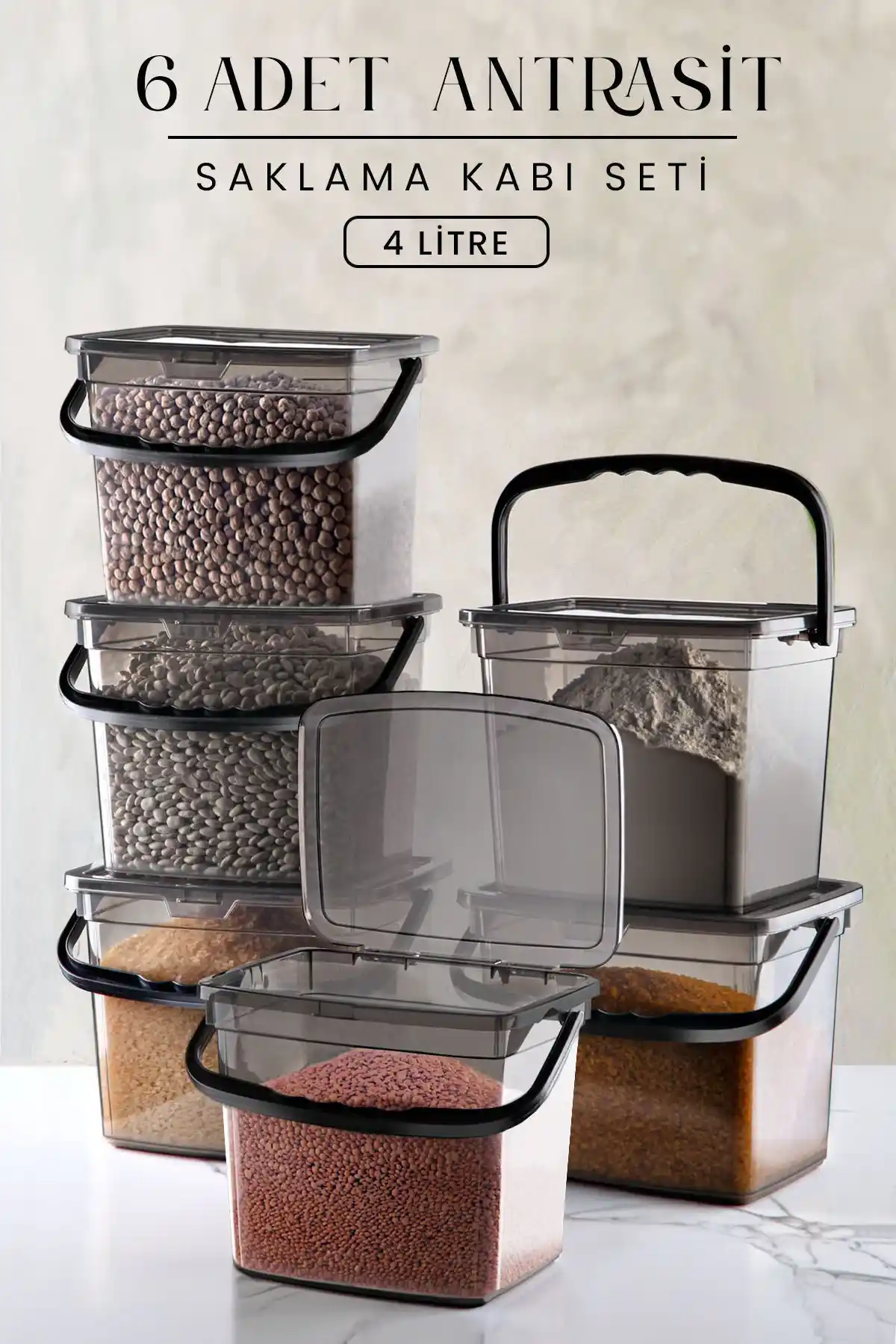 Kitchen Life Mega Boy 6'lı Kare Un Baklüyat Kabı Geniş Hacimli Saklama Çözümü