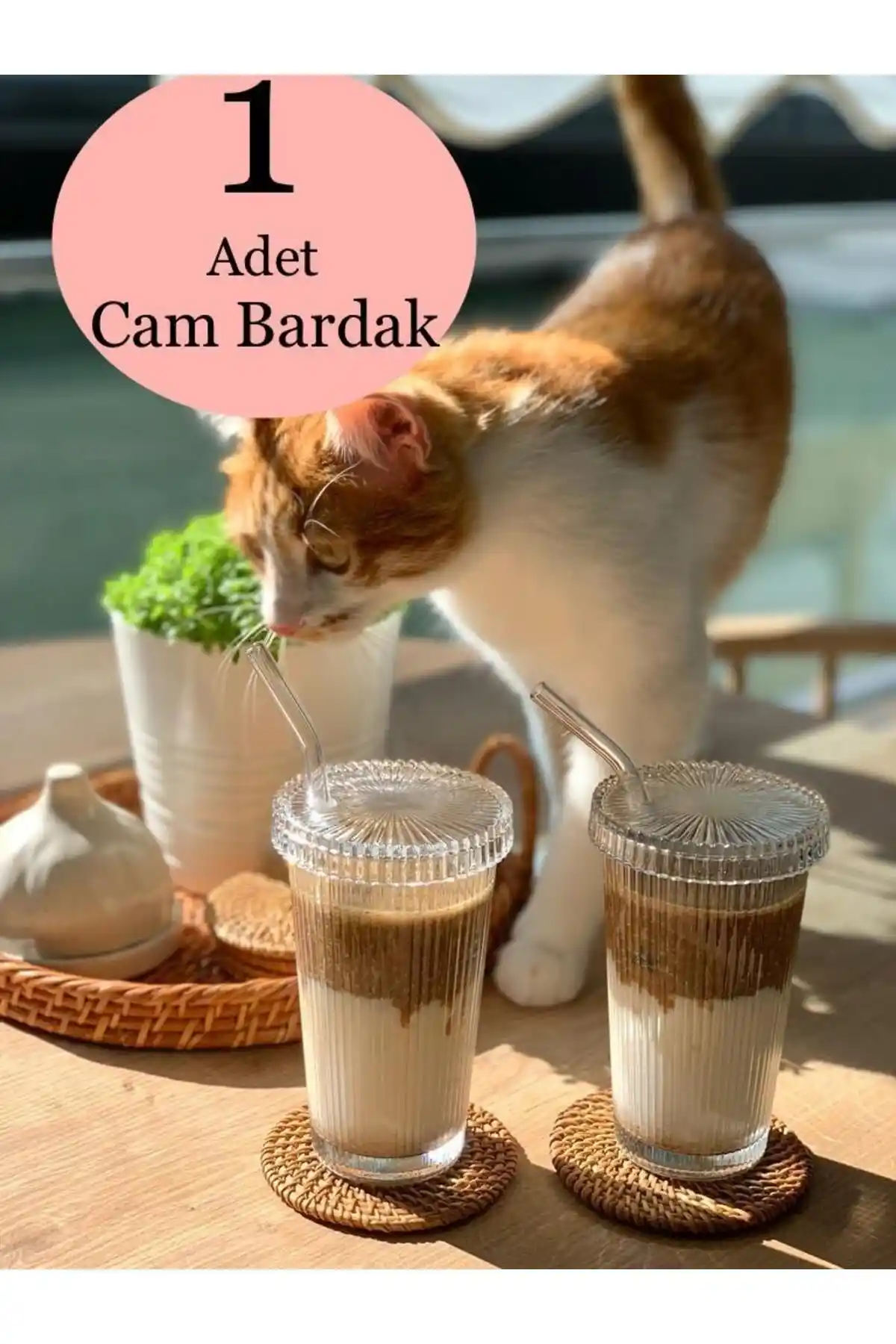 Küçük ve Şık Cam Bardak 400 ml Kapaklı Pipetli Origami Tasarımıyla Modern Kullanım