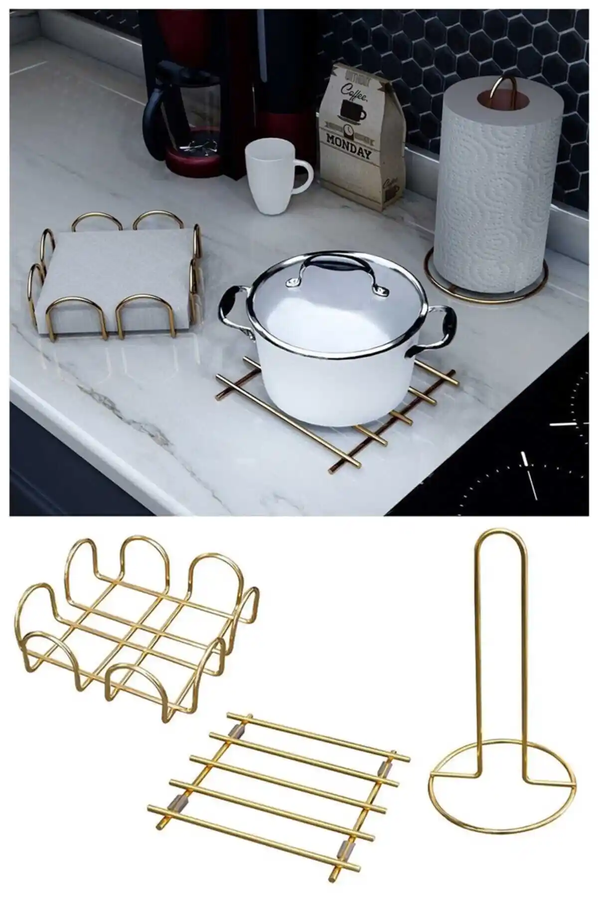 Maksipazar Metal Altın 3'lü Servis Seti Dekoratif ve Dayanıklı Tasarım