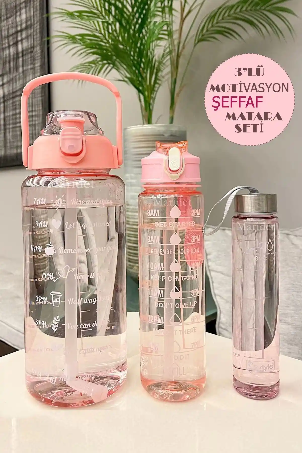 Maridet 3'lü Şeffaf Motivasyonel Su Matarası Seti – Estetik ve Pratik Kullanım