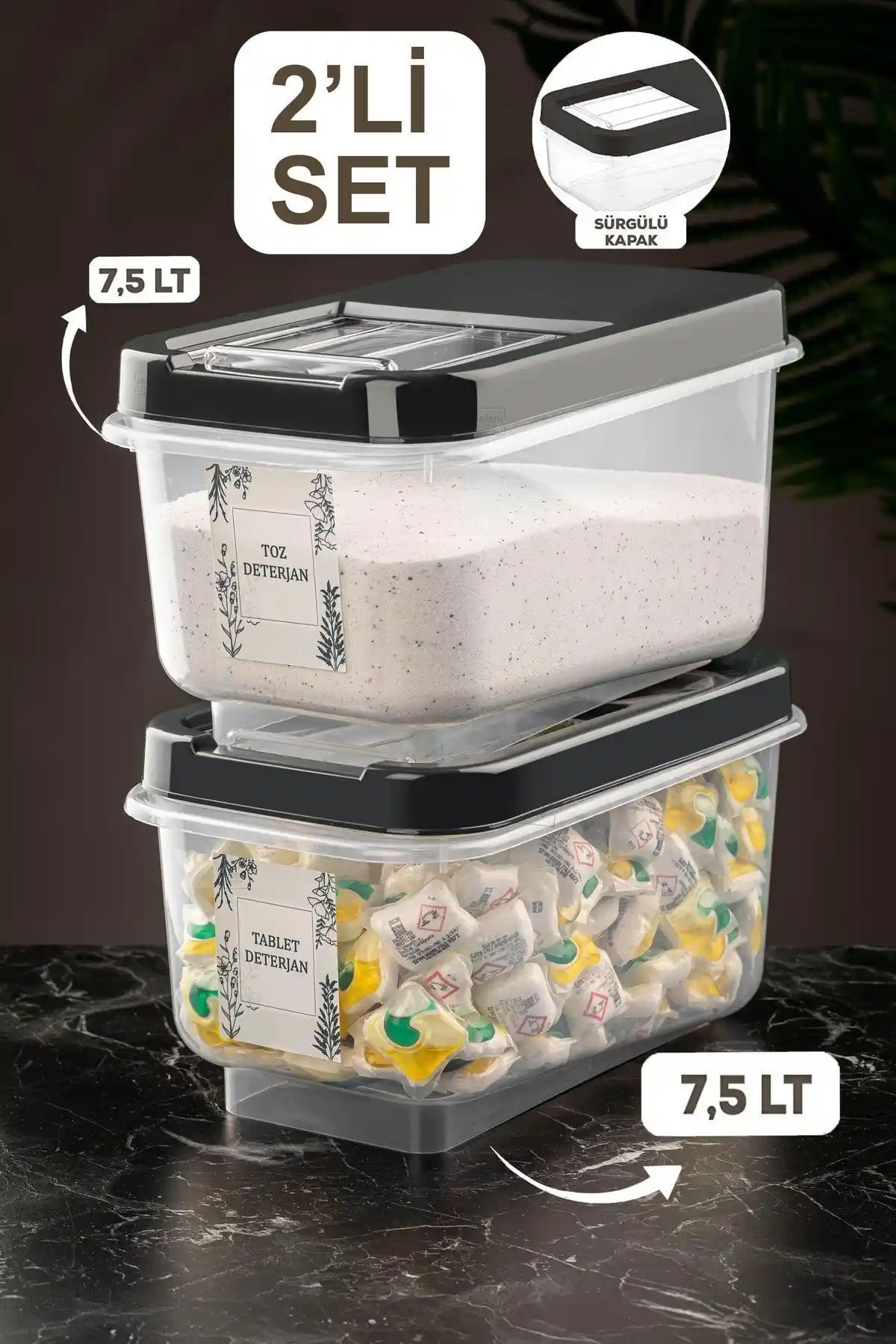 Meleni Home 2'li 7,5 Litre Kayar Kapaklı Deterjan Saklama Kutusu Seti