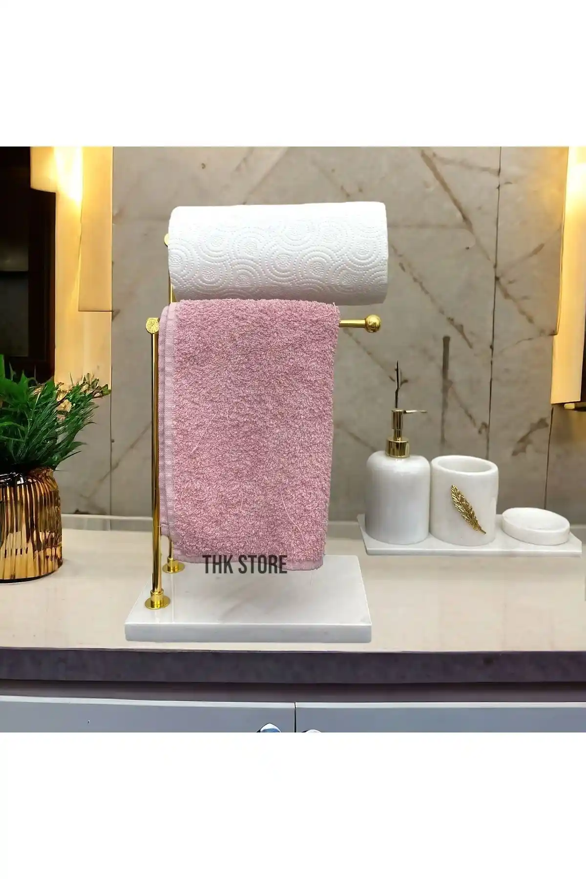 Modern Mermer ve Metal Malzemelerle Tasarlanmış Banyo El ve Kağıt Havluluk Standı