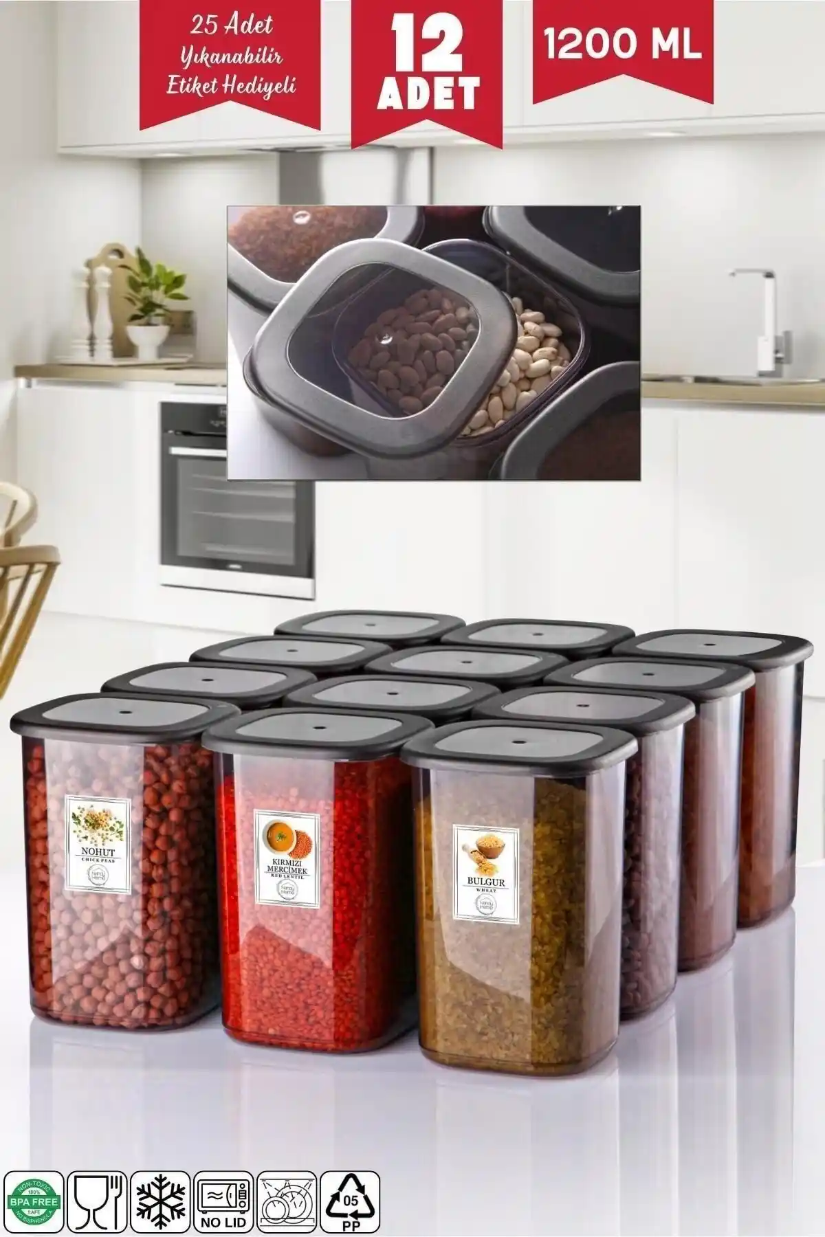 Nandy Home 12'li 1200 ml Kırılmaz Antrasit Saklama Kabı Seti Günlük Mutfak Kullanımı İçin