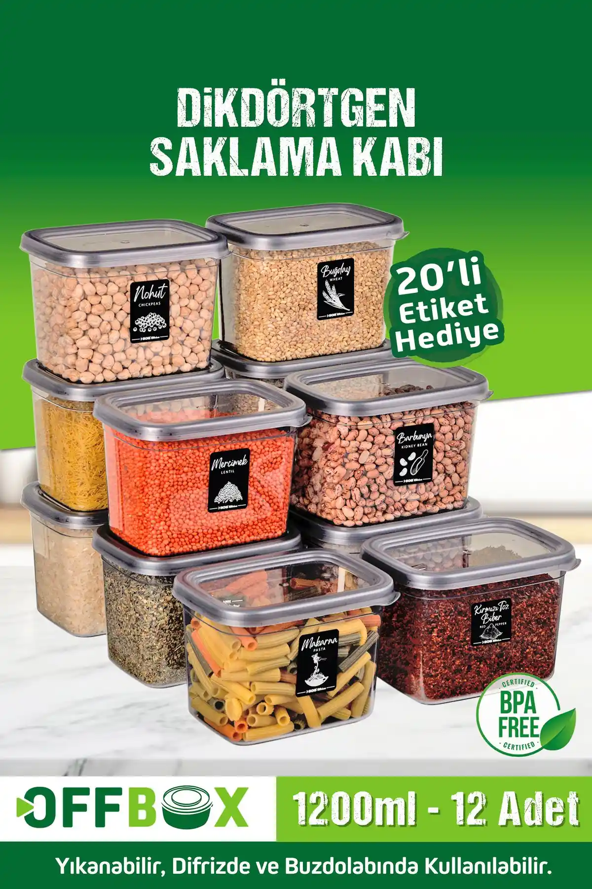 OFFBOX 12 Adet 24 Parça Dikdörtgen Gıda Saklama Kabı Seti Modern ve Dayanıklı Tasarım