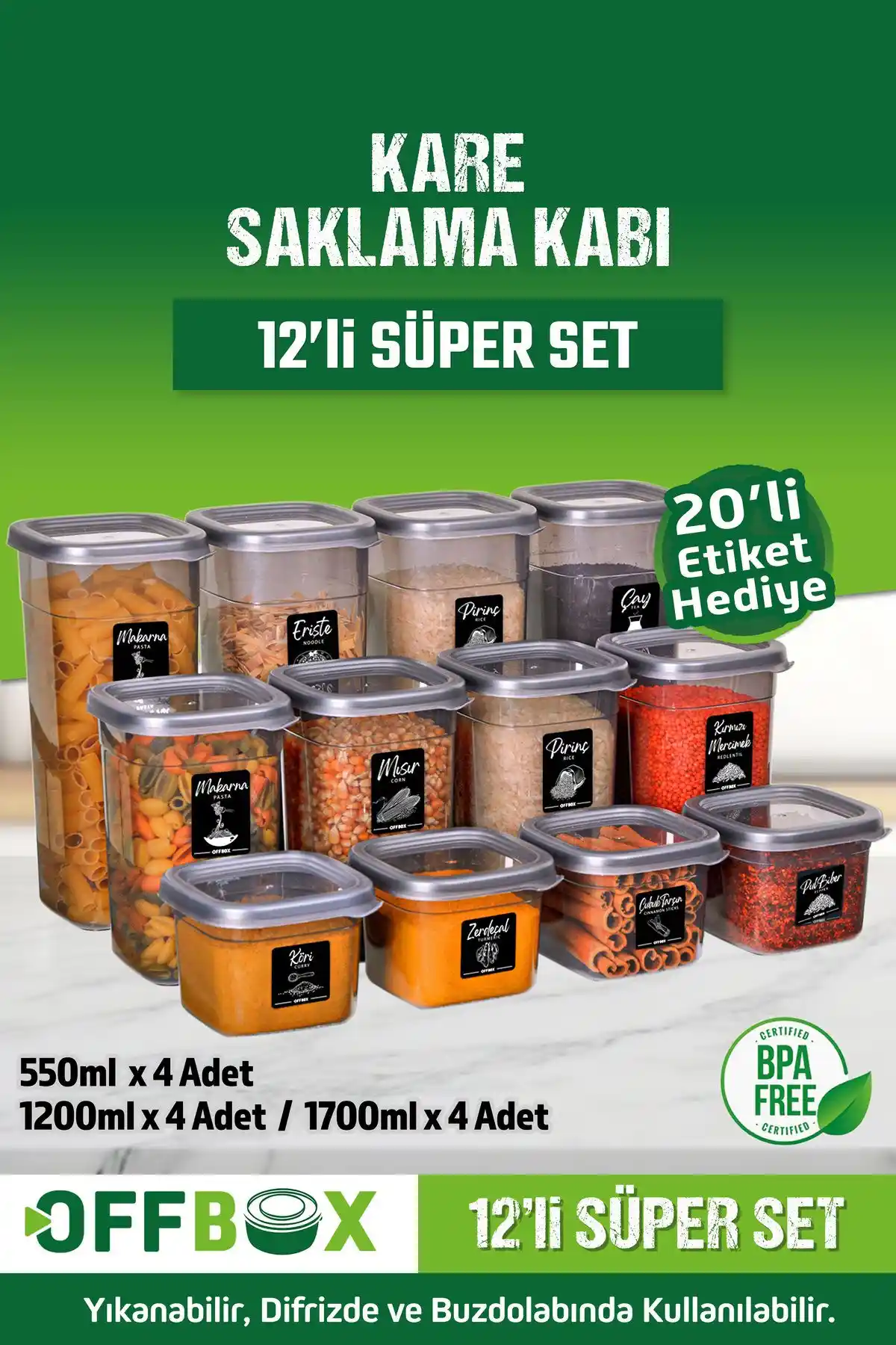 OFFBOX 12 Parça Kare Gıda Saklama Kabı Seti Mutfak Düzeninde Pratik ve Güvenli Çözüm