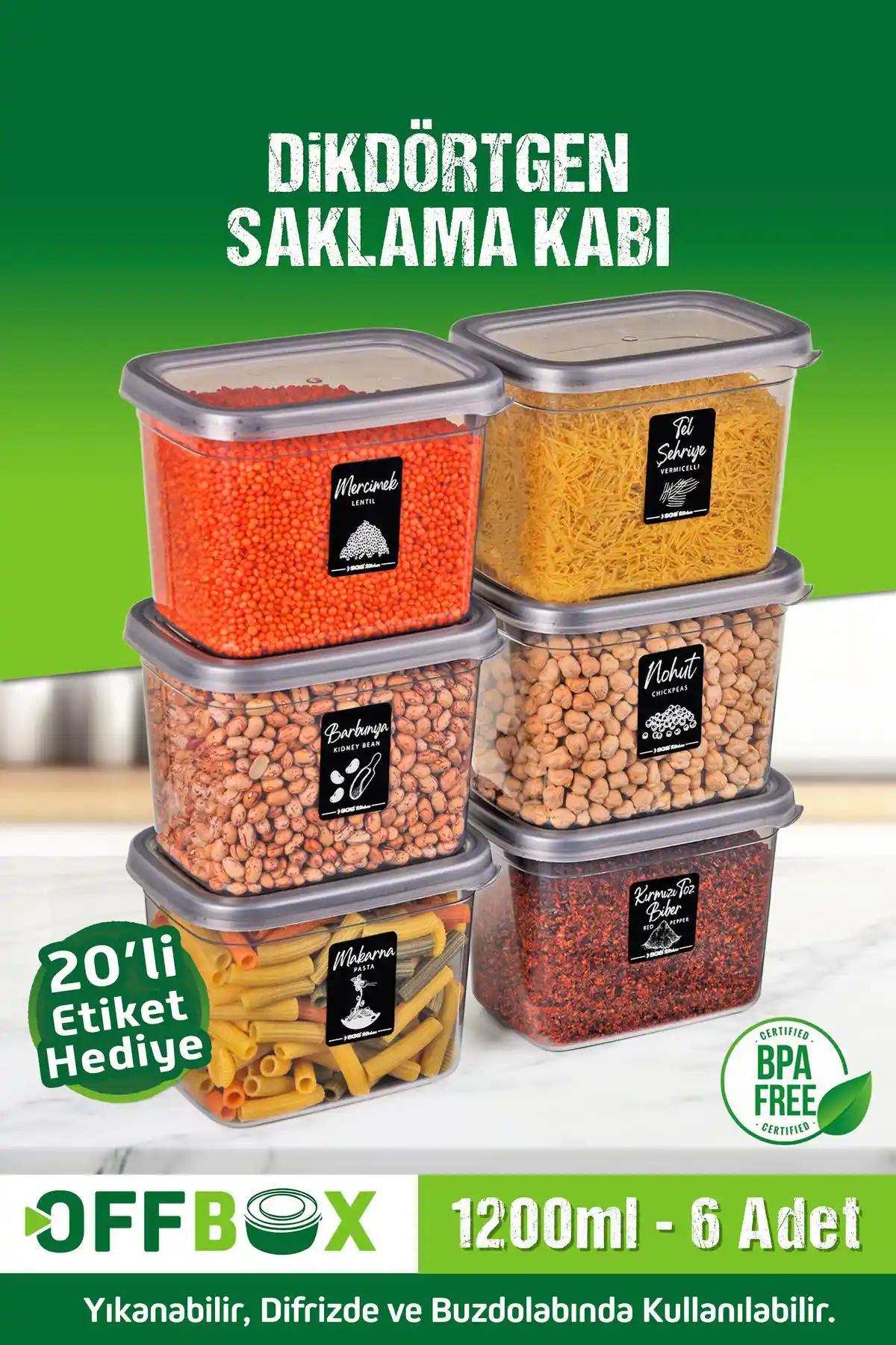 Offbox 6 Adet 12 Parça 1,2 Litre Dikdörtgen Gıda Saklama Kabı Seti Mutfak İçin Pratik Çözüm