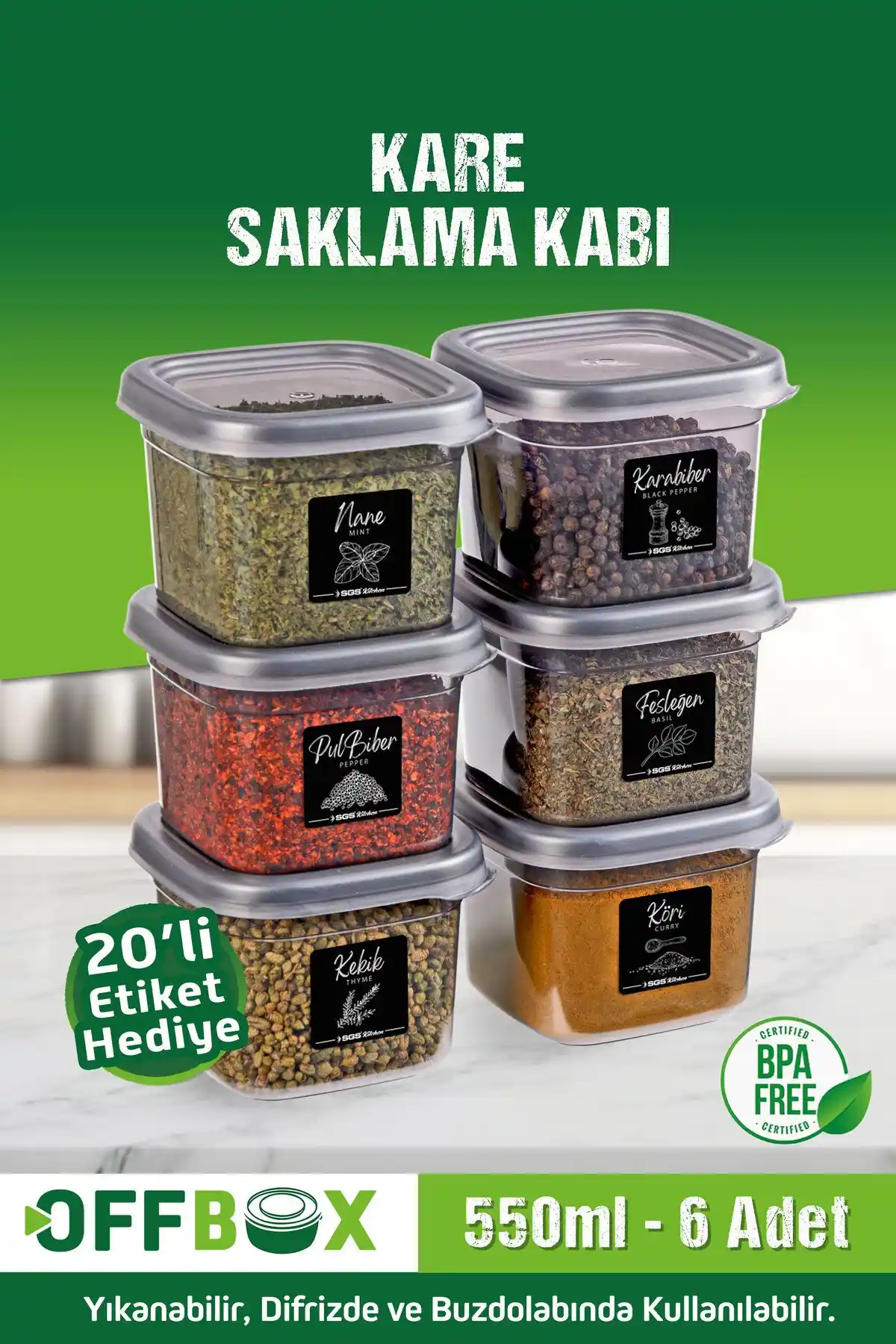 OFFBOX 6'lı Kare Gıda Saklama ve Baharatlık Seti, 0,55 Litre, Dayanıklı ve Pratik Kullanım