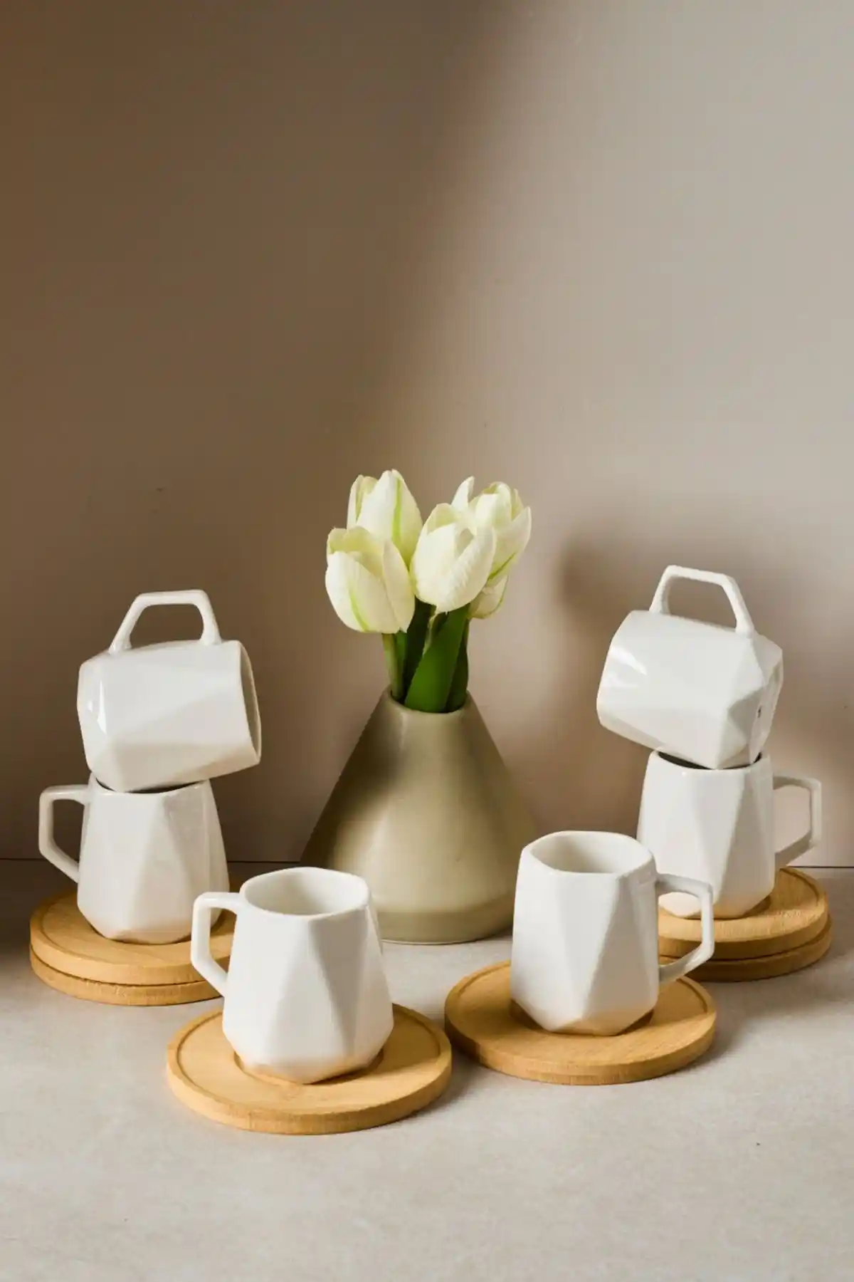 Perotti Muna Bambu Tabaklı 12 Parça Türk Kahvesi Porselen Fincan Takımı