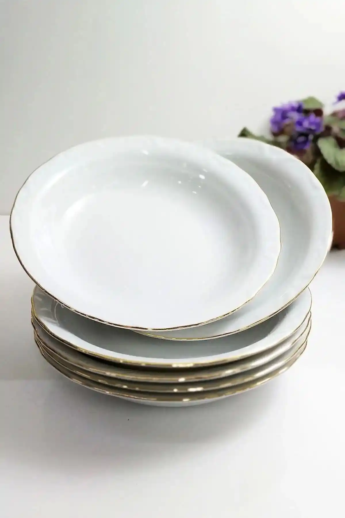 Porland Porselen Çukur Tabak 6'lı Set 19 cm Altın Yaldızlı Modern Tasarım