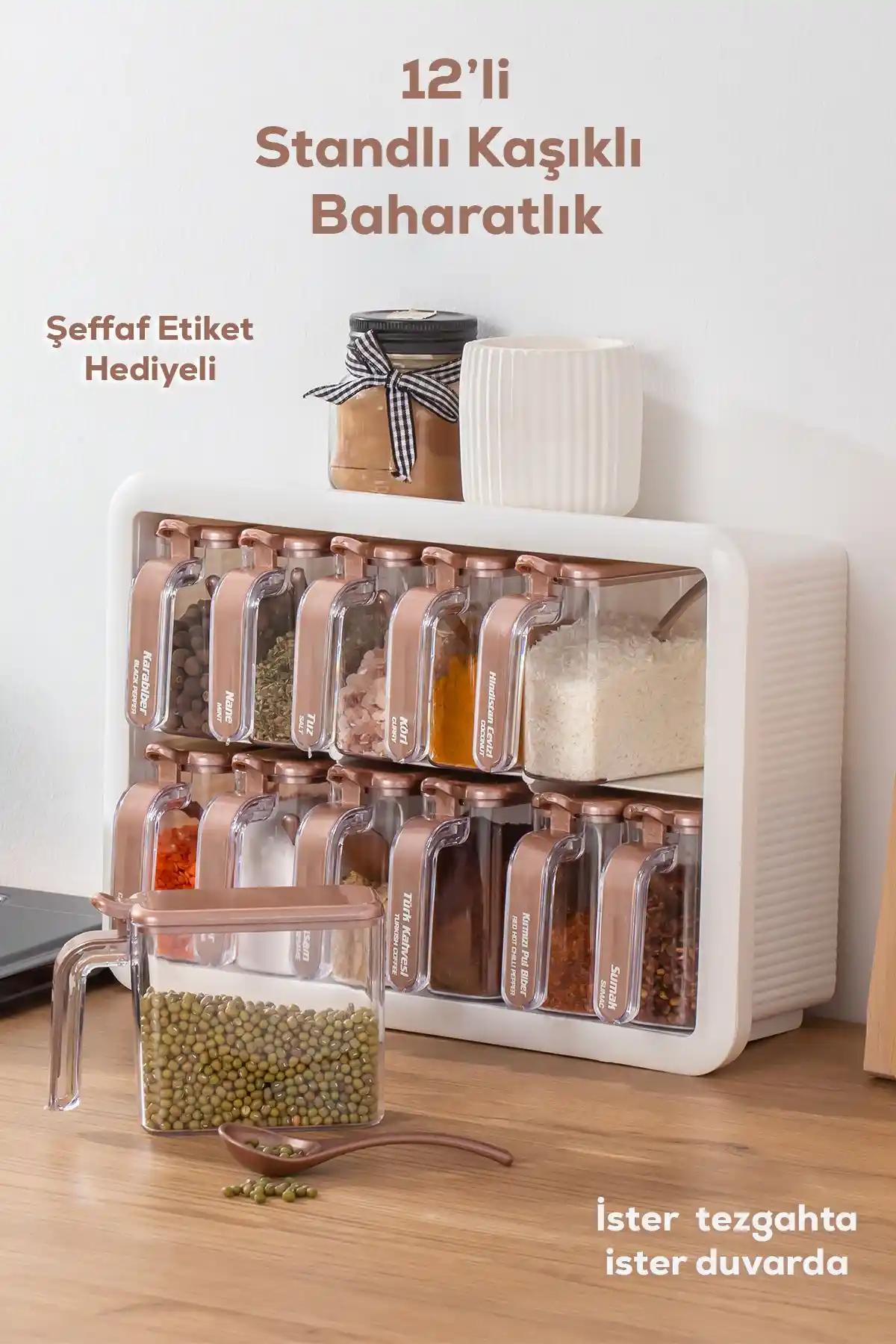 Porsima 1119 12'li Standlı Kendinden Yapışkanlı Kaşıkla Baharatlık Seti