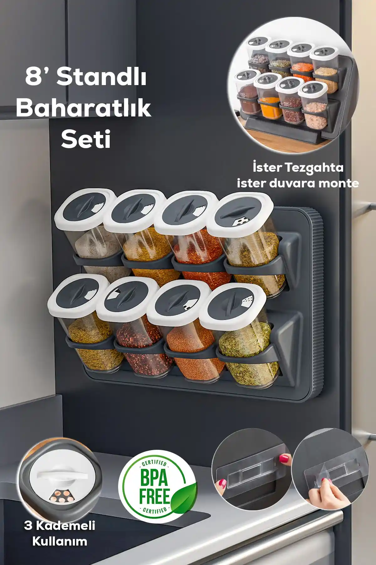 Porsima 1122 8'li Kendinden Yapışkanlı Baharatlık Seti ve Mutfak Düzenleyici