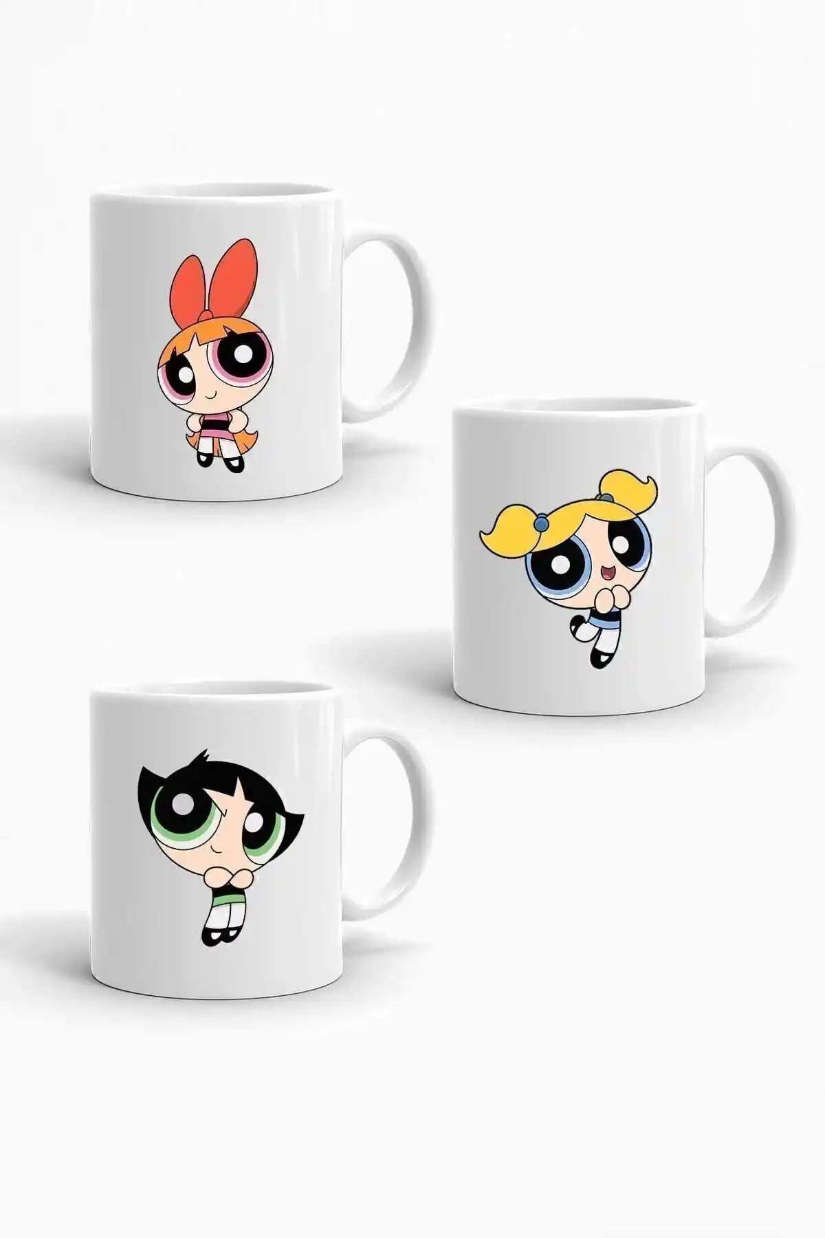 Powerpuff Girls Baskılı 3'lü Porselen Kupa Seti Çocuklar ve Koleksiyonerler İçin Uygun
