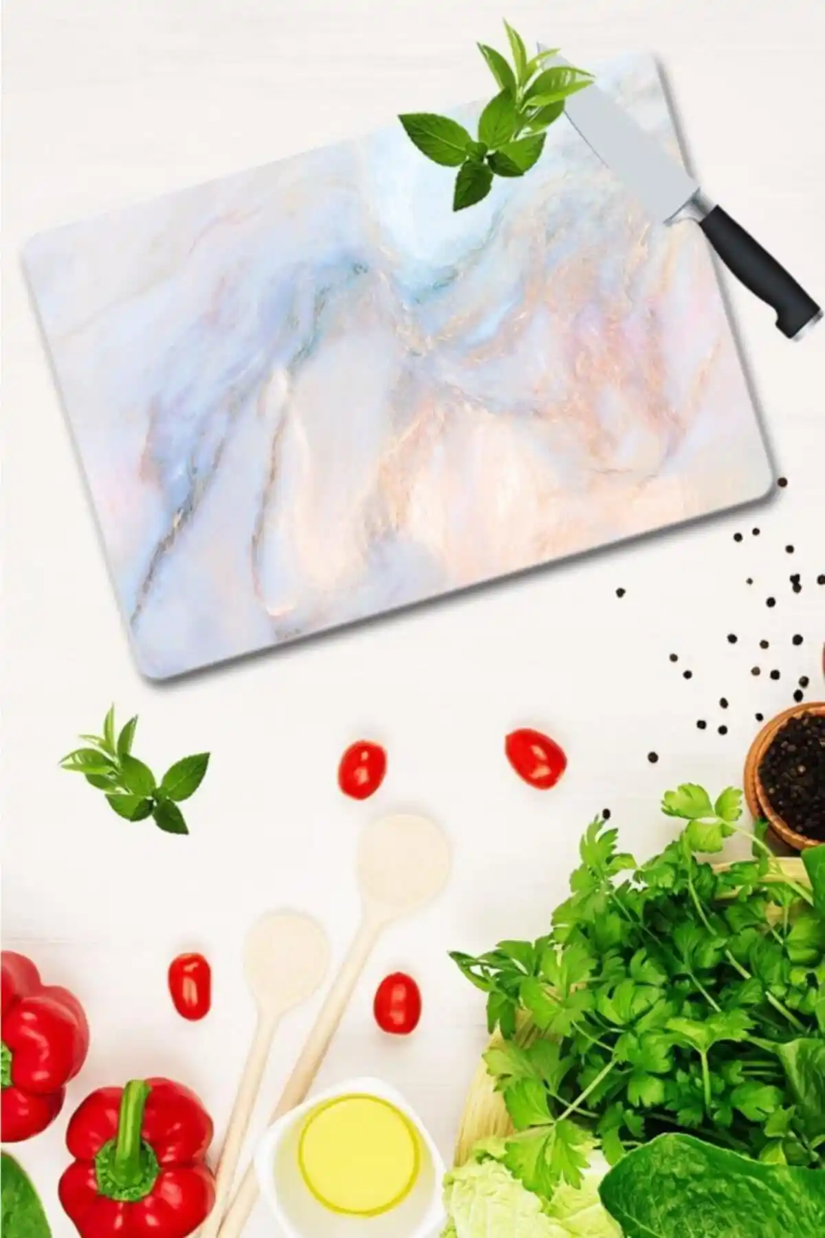 Saban 30x40 cm Cam Kesme Tahtası Mermer Görünüm ve Canlı Sarı Renk ile Modern Mutfak Dekoru