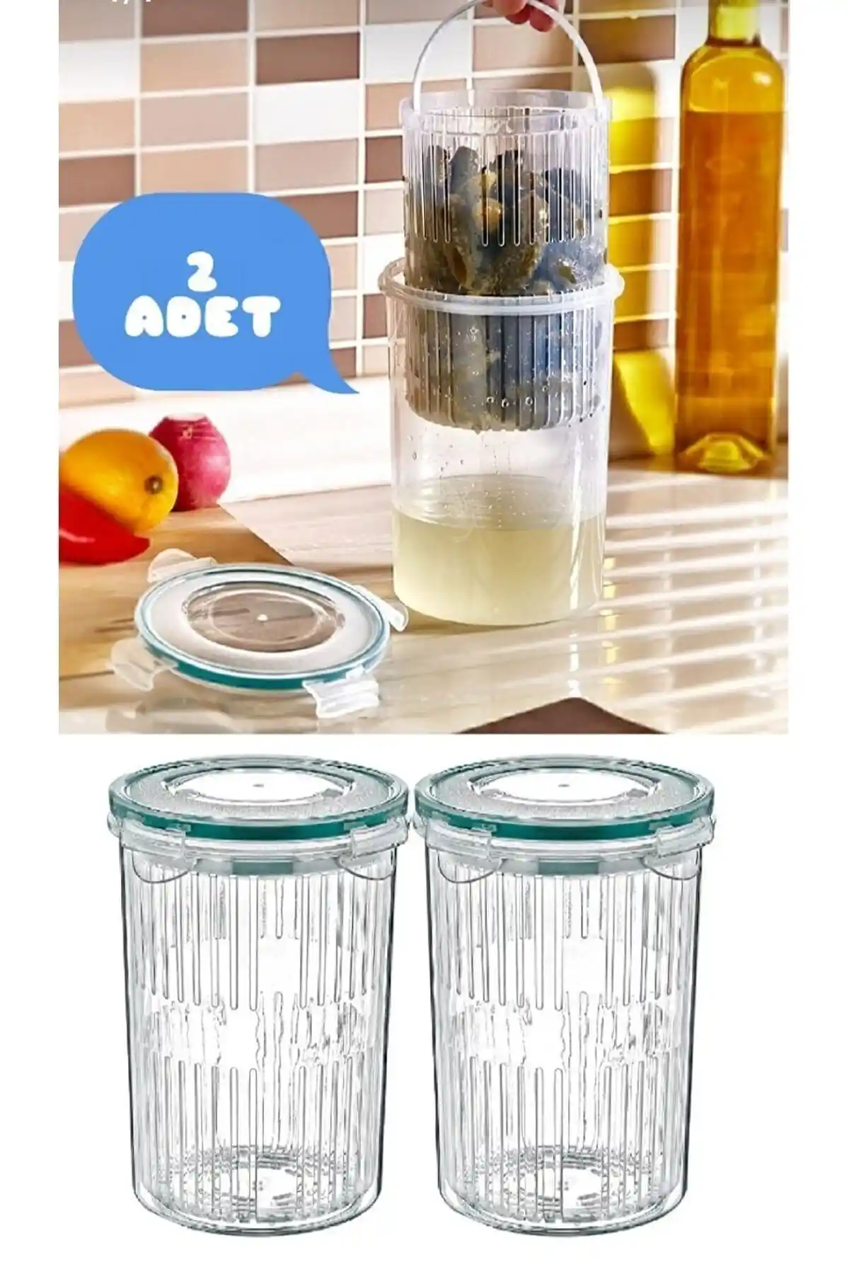 Sarıindirim 2 Adet Süzgeçli Zeytin ve Turşu Saklama Kabı – Estetik ve İşlevsel Mutfak Çözümü