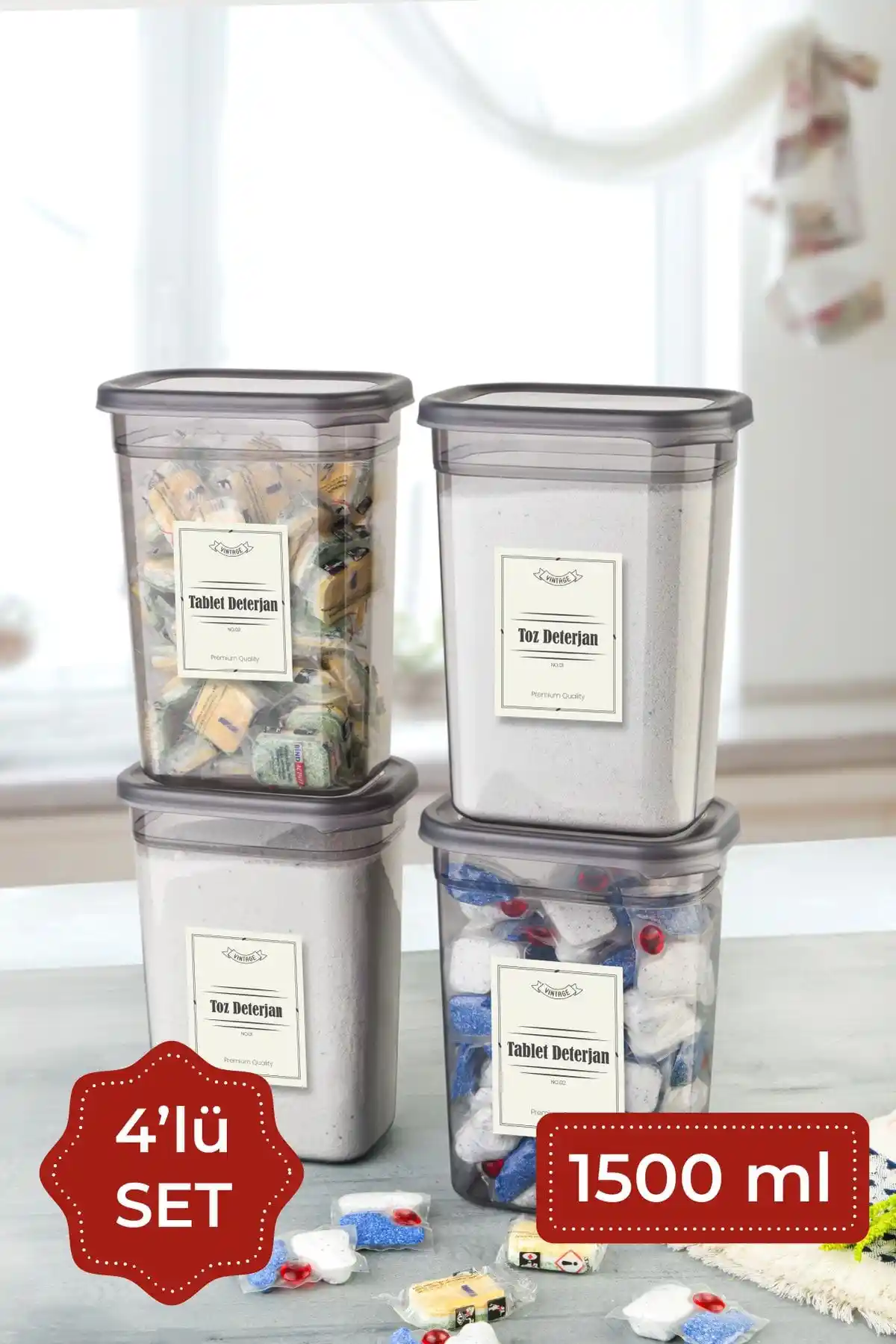 Vienev 1500 ml Dikdörtgen Deterjan Saklama Kabı Seti Modern ve İşlevsel Tasarım