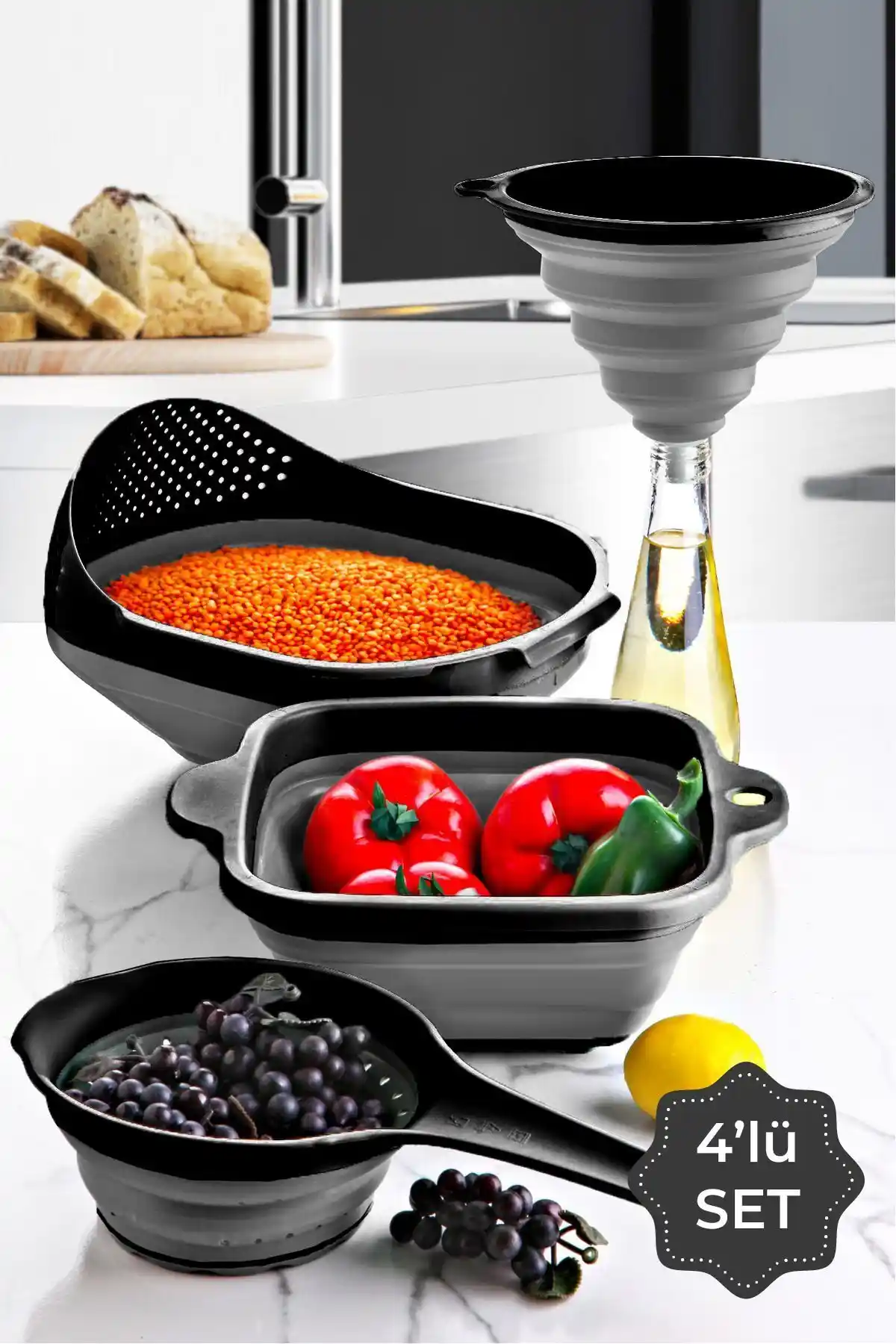 Vienev 4 Parça Antrasit Akordiyon Süzgeç Seti: Çok Amaçlı Pratik Mutfak Gereçleri