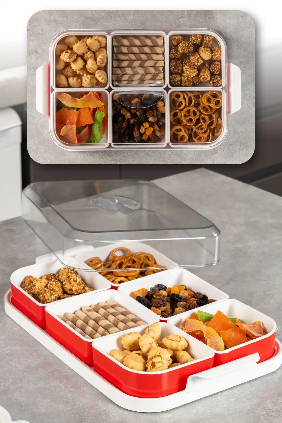 Vienev 6 Bölmeli Kapaklı Kahvaltılık Seti Kırmızı - Modern ve Dayanıklı Mutfak Saklama Çözümü