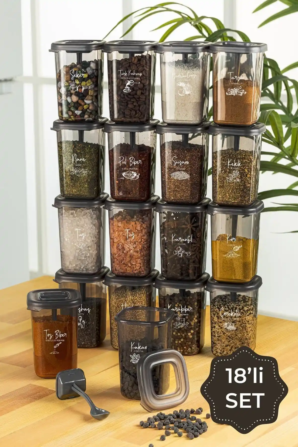 Vienev Beyaz Serigrafi Etiketli 18'li Luna Kaşıklı Baharatlık Seti Modern ve Pratik Tasarım