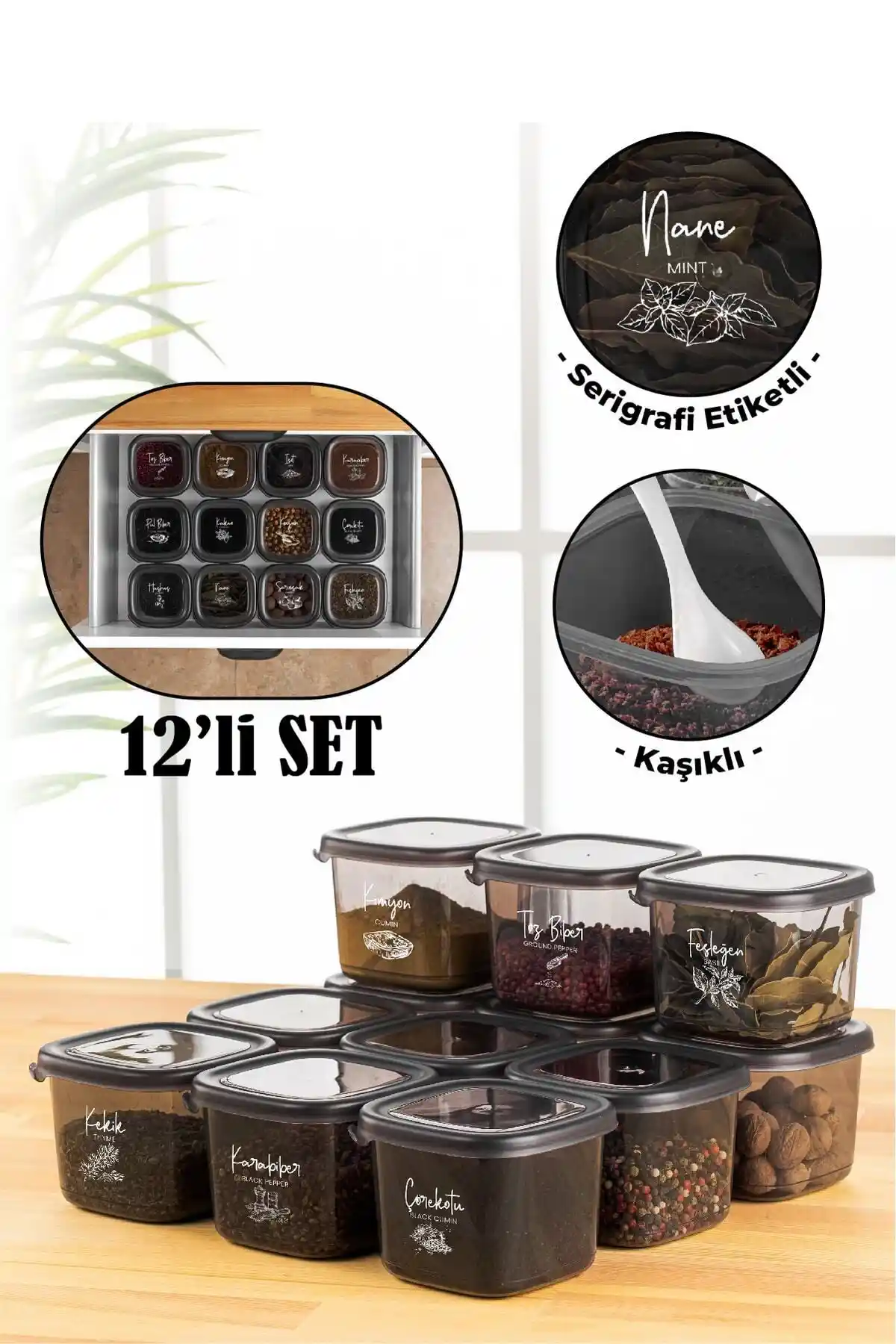 Vienev Beyaz Serigrafi Etiketli Kaşıklı Saklama Kabı 550 ml dayanıklı ve şık mutfak organizasyonu için