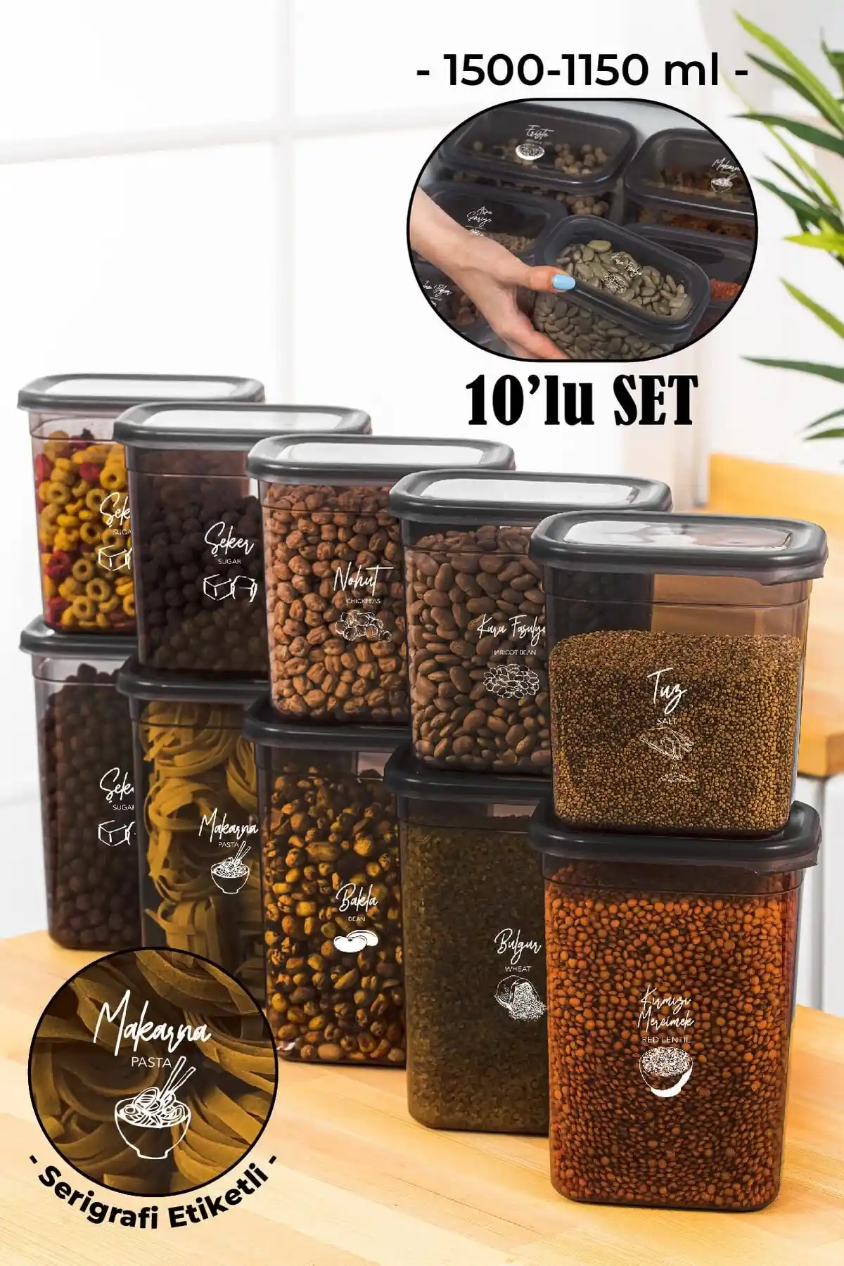 Vienev Beyaz Serigrafi Etiketli Peggy Dikdörtgen Saklama Kabı Seti 10'lu Pratik Mutfak Çözümü