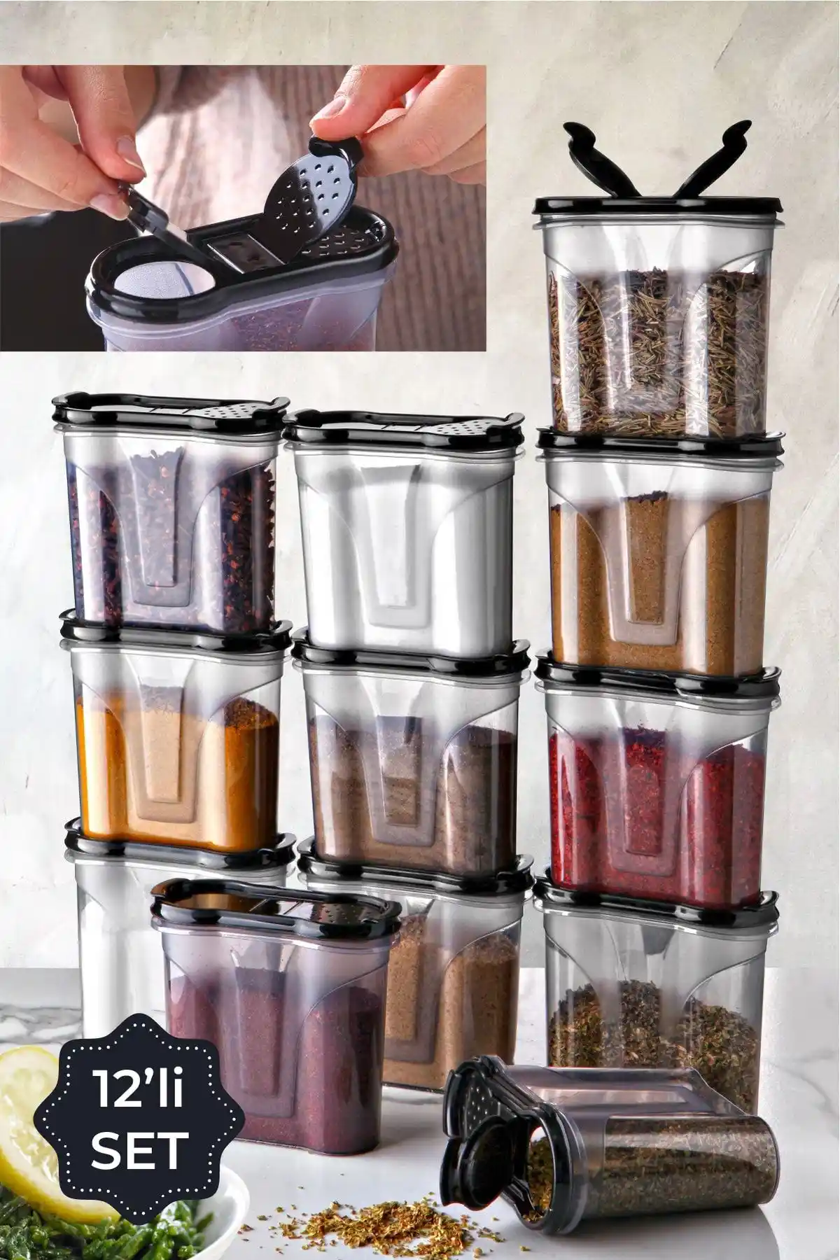 Vienev Duo 12'li Çift Kapaklı Baharatlık Seti Modern ve Şık Mutfak Dekorasyonu İçin