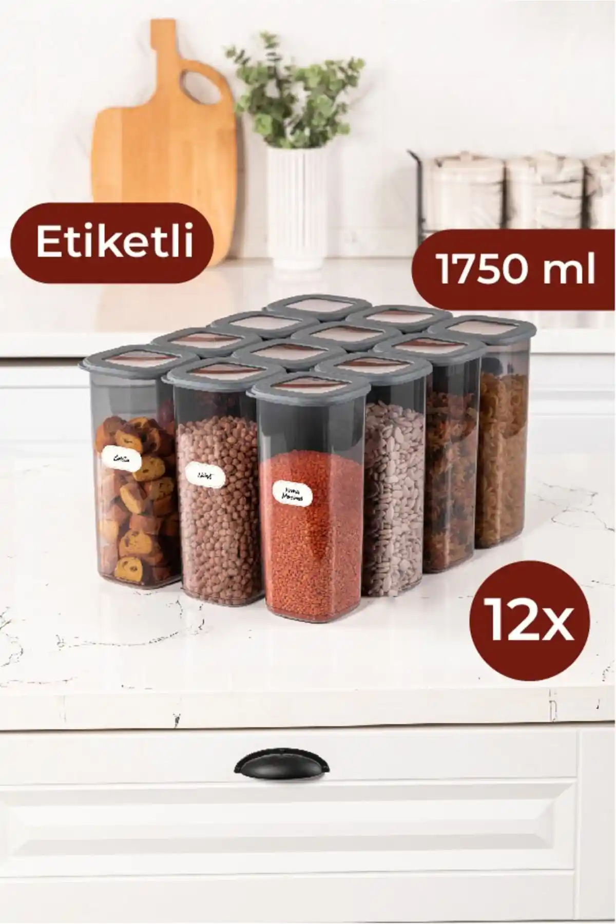 Vienev Foly Etiketli Kare Erzak Saklama Kabı Seti 12'li Entegre Etiketlerle Pratik ve Şık Mutfak Düzeni
