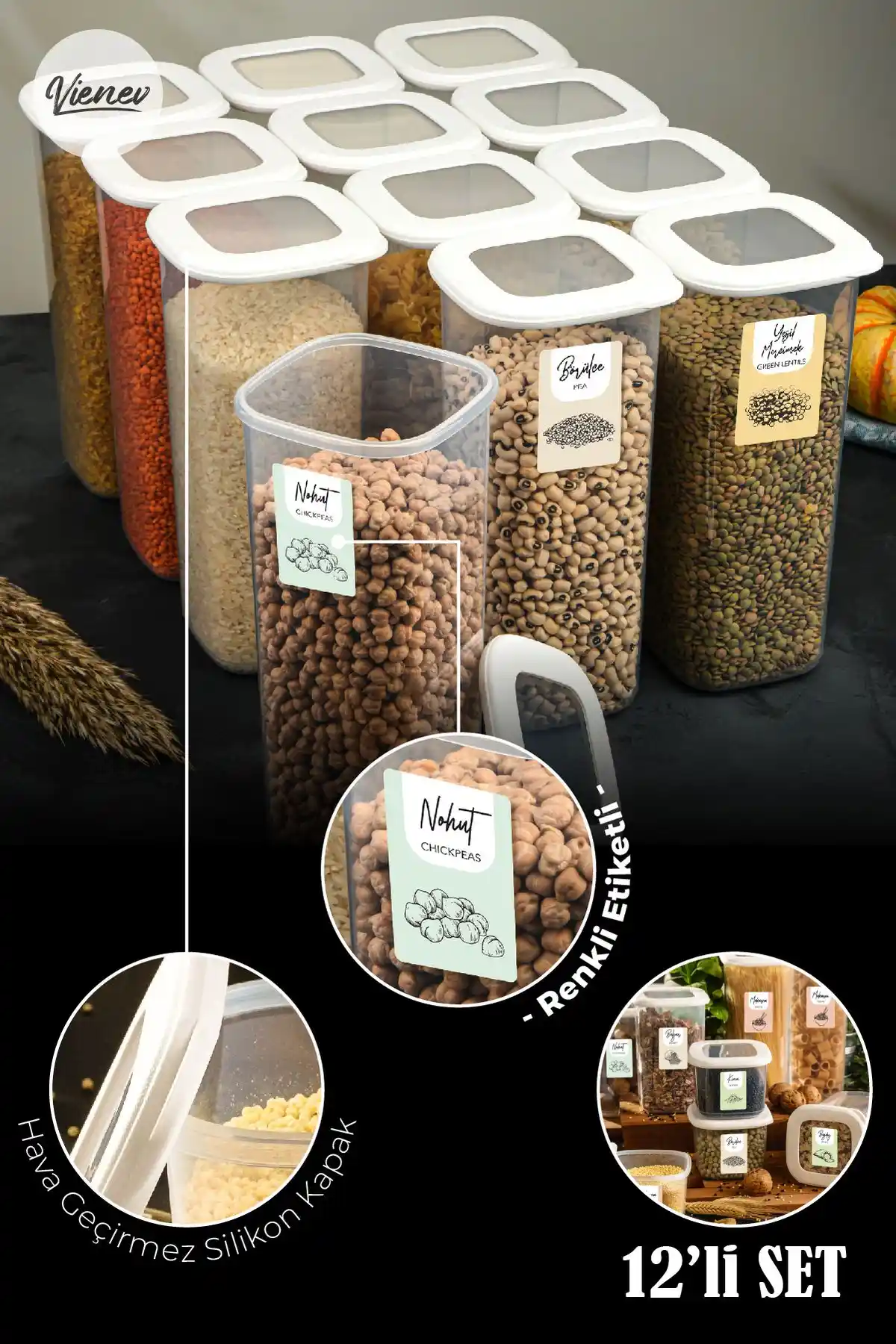 Vienev Renkli Etiketli 12'li Kare Saklama Kabı Seti 1,75 Litre Geniş Hacimli Mutfak Düzeni