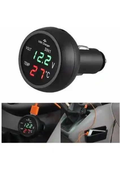 Araç İçin Çok Fonksiyonlu Voltmetre Termometre USB 3'ü Birlikte Çok Amaçlı Çözüm
