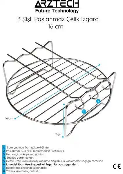 Arztech 16 cm Paslanmaz Çelik 3 Şişli Izgara Sağlıklı ve Pratik Mutfak Kullanımı İçin