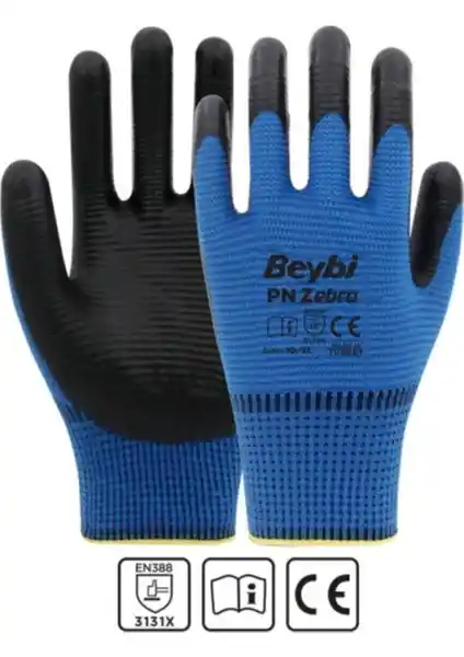 Beybi İşçi Eldiveni Nitril Zebra Mavi Siyah Çift 10 Numara Endüstriyel Koruyucu Eldivenleri
