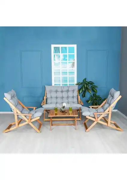 Bysay Ahşap Katlanabilir Puf ve Şezlong Takımı Dış Mekanlar İçin Şık ve Konforlu Tasarım