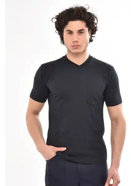 Çamdalı İş Elbiseleri V Yaka Lacivert Kısa Kollu Süprem İş Tişörtü İşyeri ve Endüstriyel Kullanım İçin Uygun