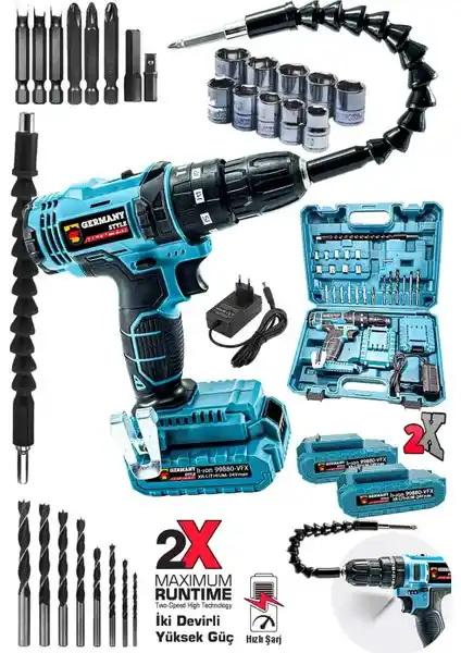 Germany Style GRM-99880 Vfx Çelik Şanzıman Darbeli 15000 mAh İki Akülü Vidalama Matkap