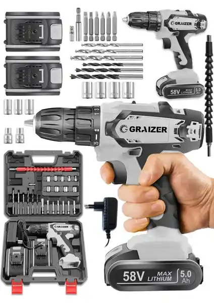Graizer Alman 58 V 5 Ah Bakır Sargı Darbeli Çift Akülü Vidalama ve Delme Matkapları